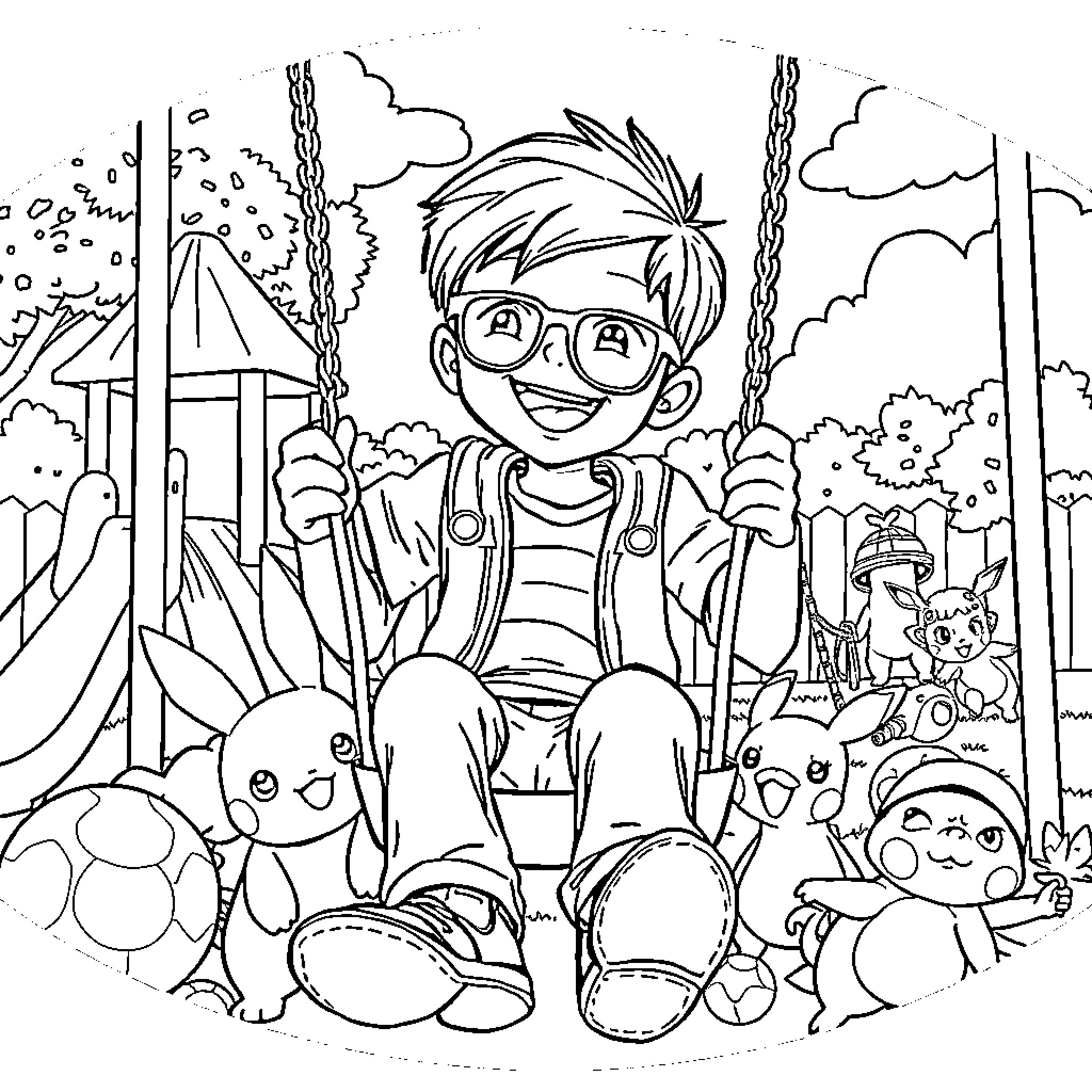 Boy playing happily on the playground with toys Coloring Page (free black-and-white line drawing printable PDF for all, from beginners to advanced learners, including children, teens, adults, and seniors)