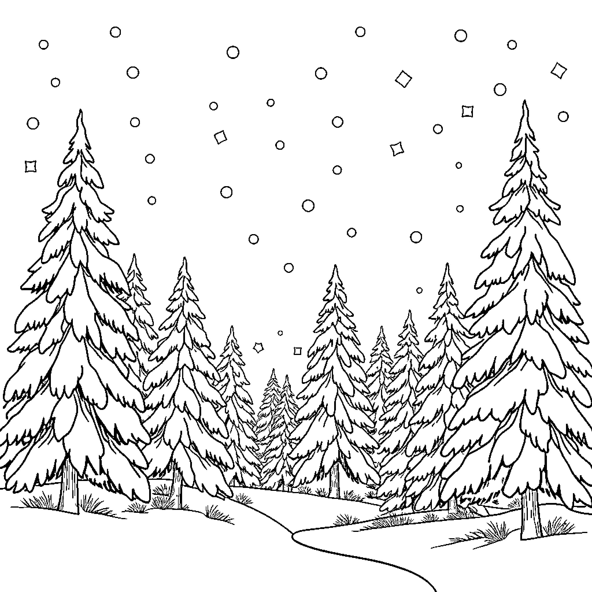 Nature's Winter Wonderland Coloring Page (free black-and-white line drawing printable PDF for all, from beginners to advanced learners, including children, teens, adults, and seniors)