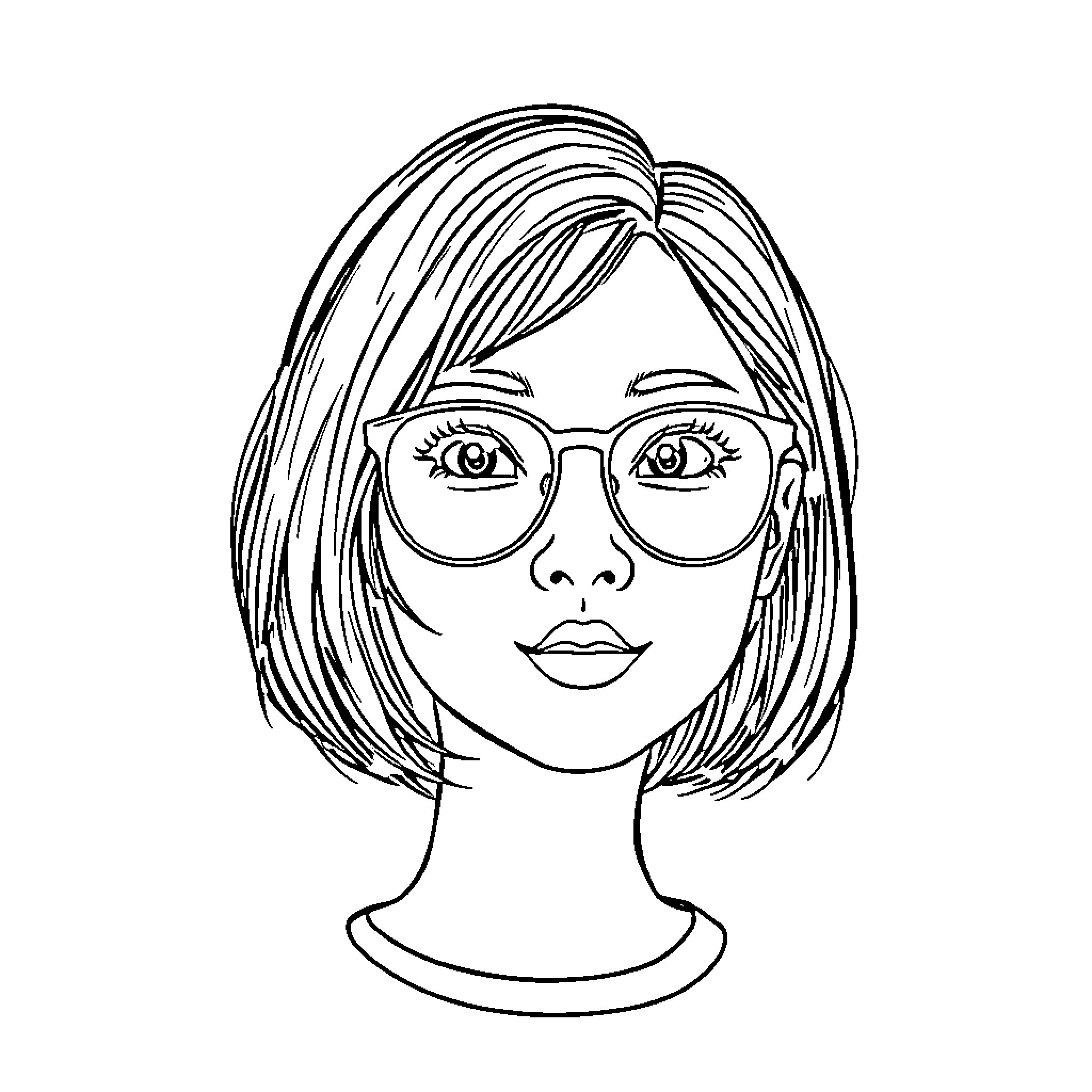 Girl with Glasses and Short Hair Coloring Page (free black-and-white line drawing printable PDF for all, from beginners to advanced learners, including children, teens, adults, and seniors)