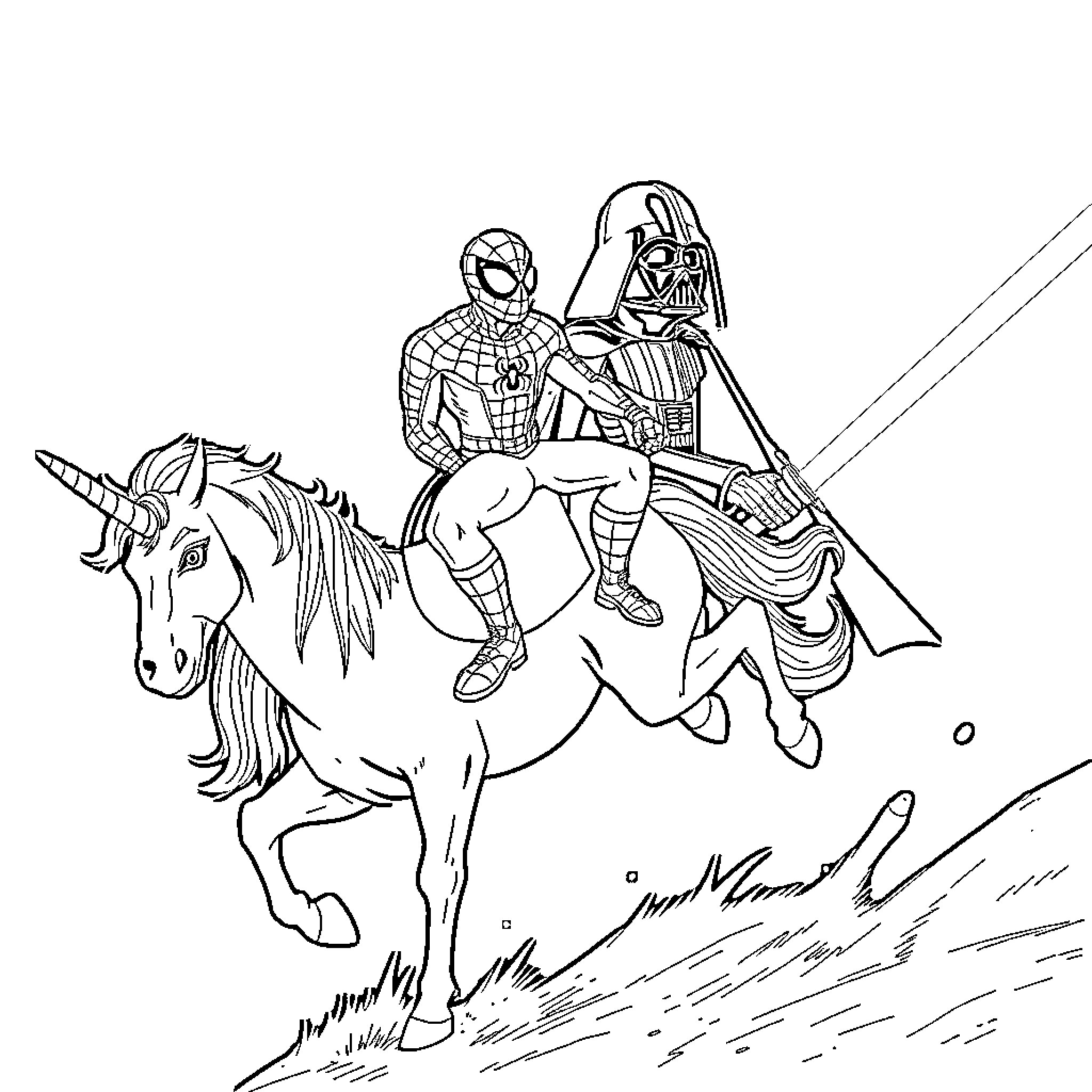 Spiderman and Darth Vader riding unicorn in action Coloring Page (free black-and-white line drawing printable PDF for all, from beginners to advanced learners, including children, teens, adults, and seniors)