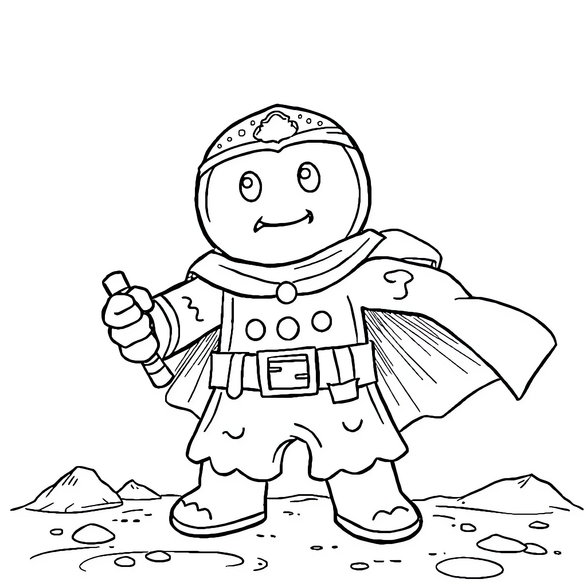 Gingerbrave's Heroic Adventure in the Wilderness Coloring Page (free black-and-white line drawing printable PDF for all, from beginners to advanced learners, including children, teens, adults, and seniors)