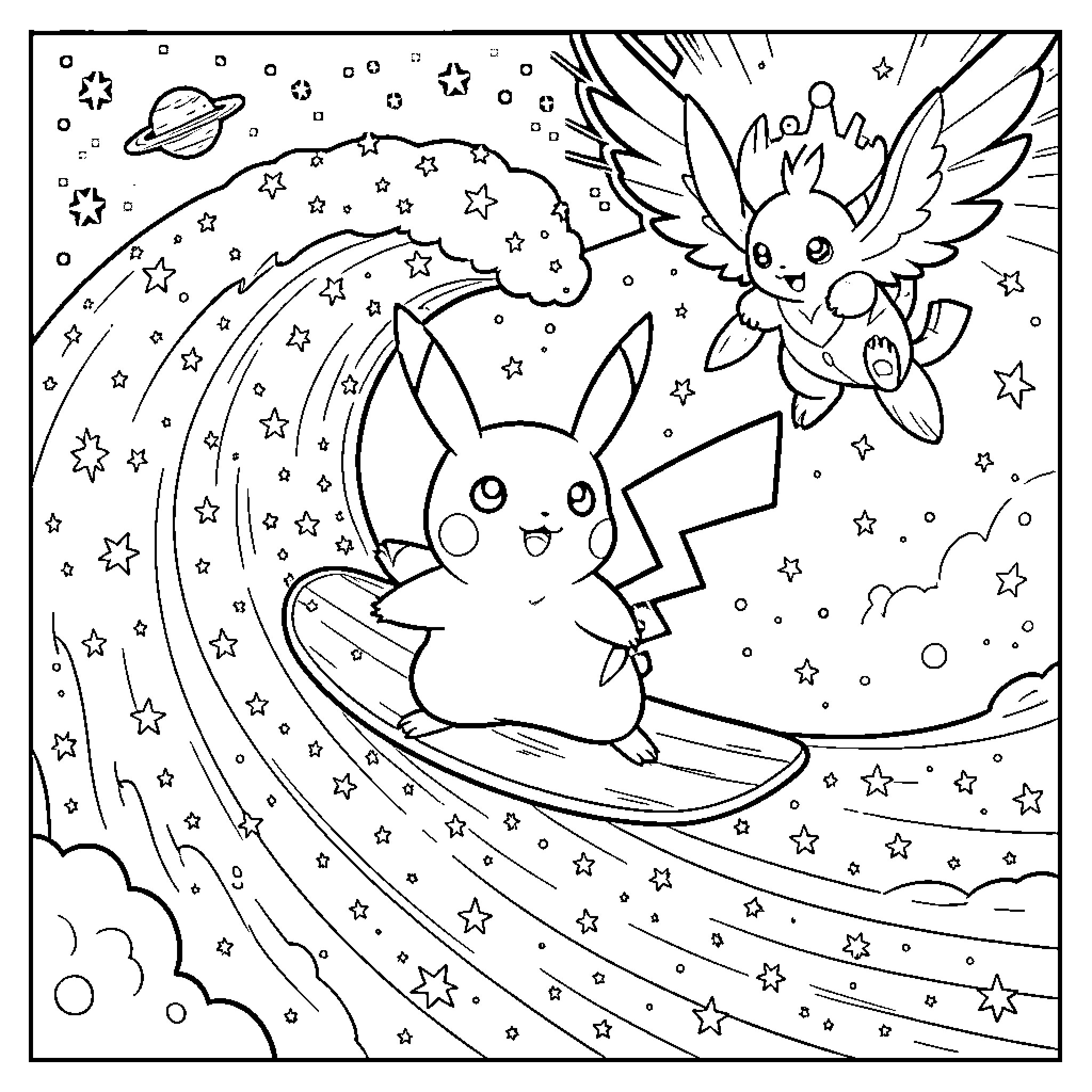 Pikachu surfing among the stars Coloring Page (free black-and-white line drawing printable PDF for all, from beginners to advanced learners, including children, teens, adults, and seniors)
