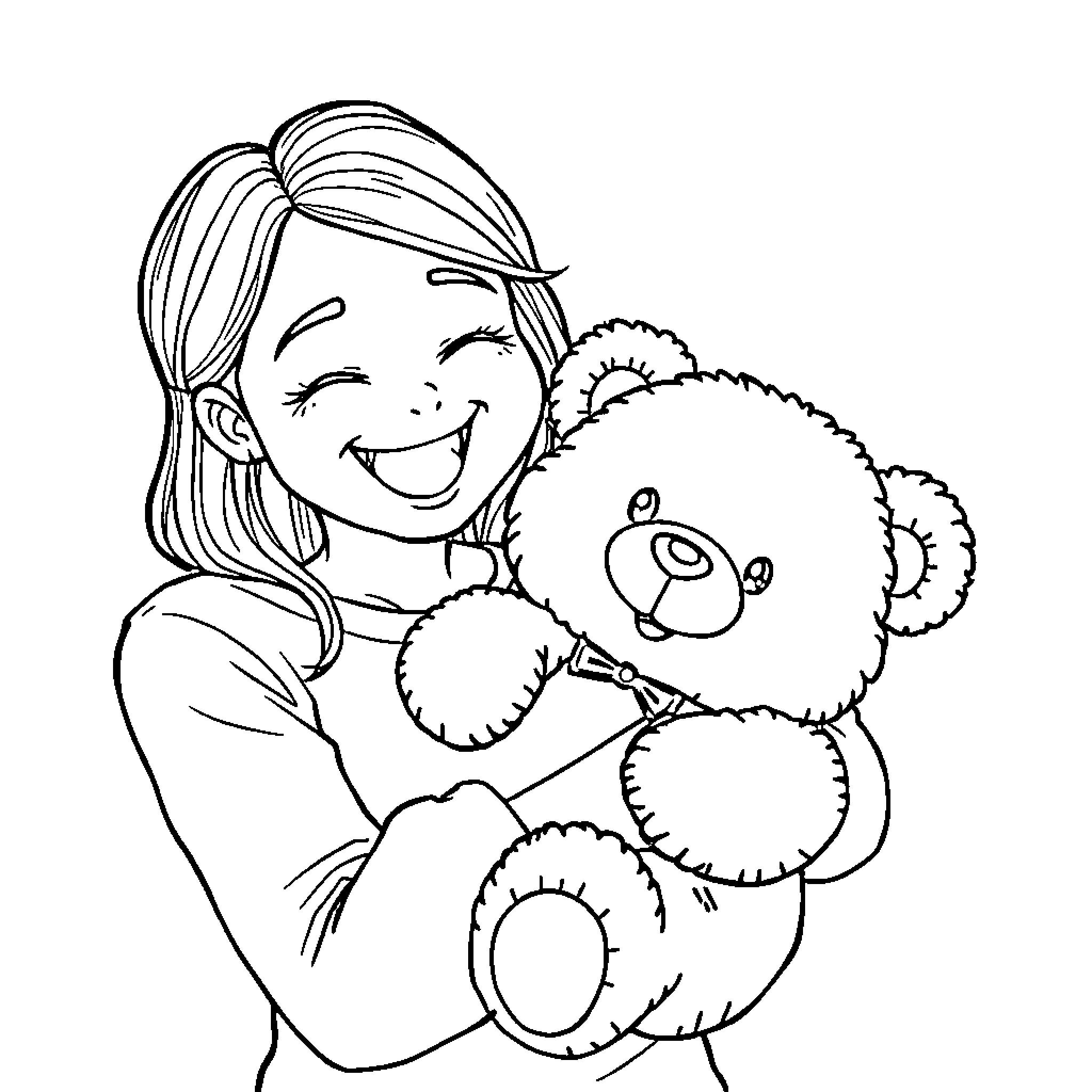 Mommy embracing adorable plush toy Coloring Page (free black-and-white line drawing printable PDF for all, from beginners to advanced learners, including children, teens, adults, and seniors)