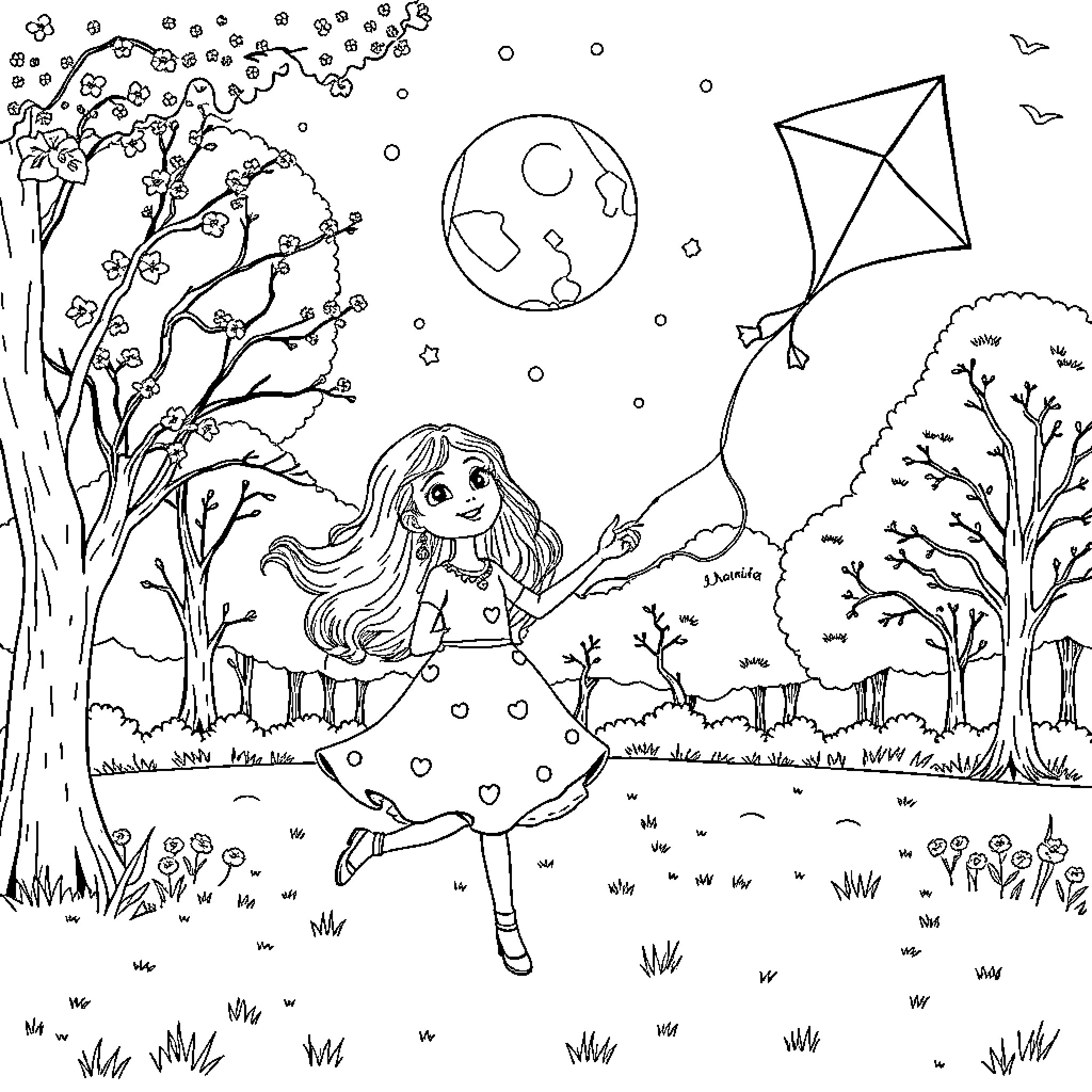 Isadora Moon flying a kite in a whimsical, magical scene Coloring Page (free black-and-white line drawing printable PDF for all, from beginners to advanced learners, including children, teens, adults, and seniors)