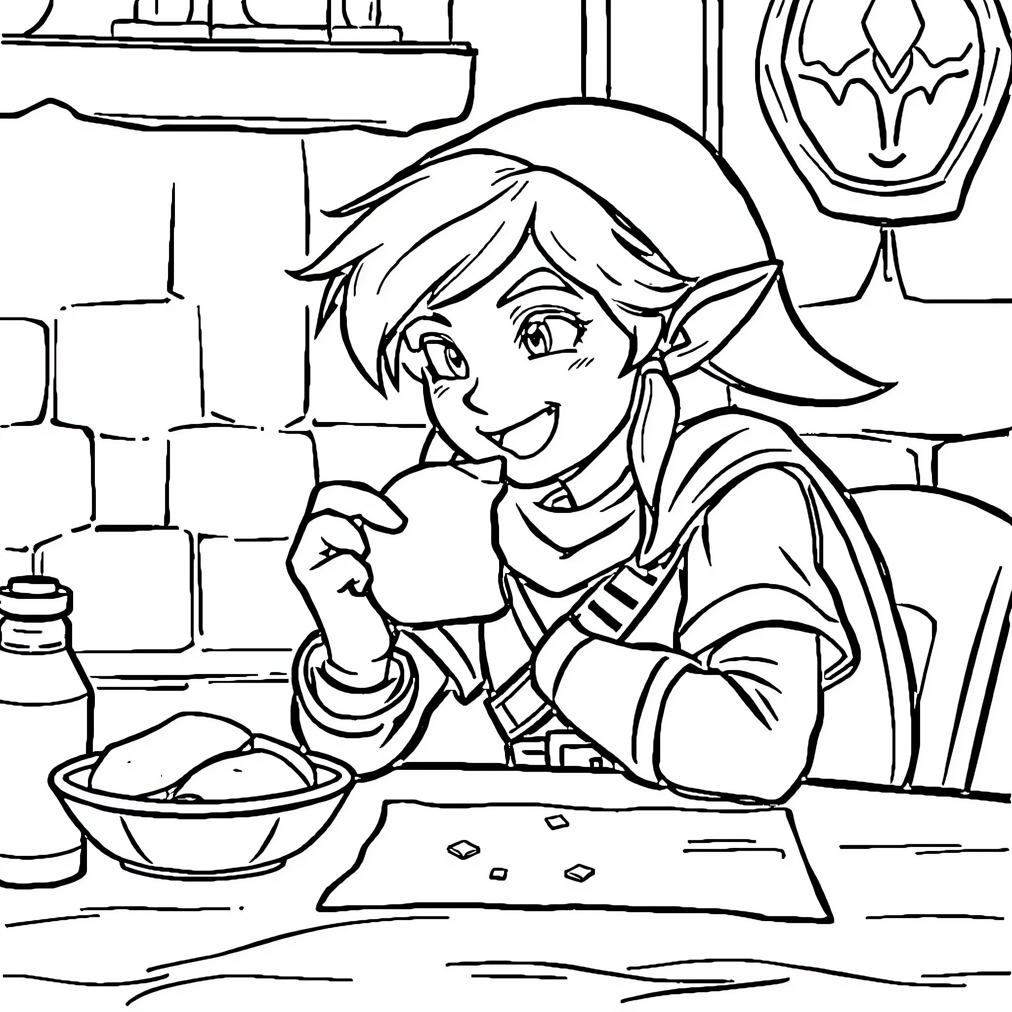Link studying map in fantasy setting Coloring Page (free black-and-white line drawing printable PDF for all, from beginners to advanced learners, including children, teens, adults, and seniors)