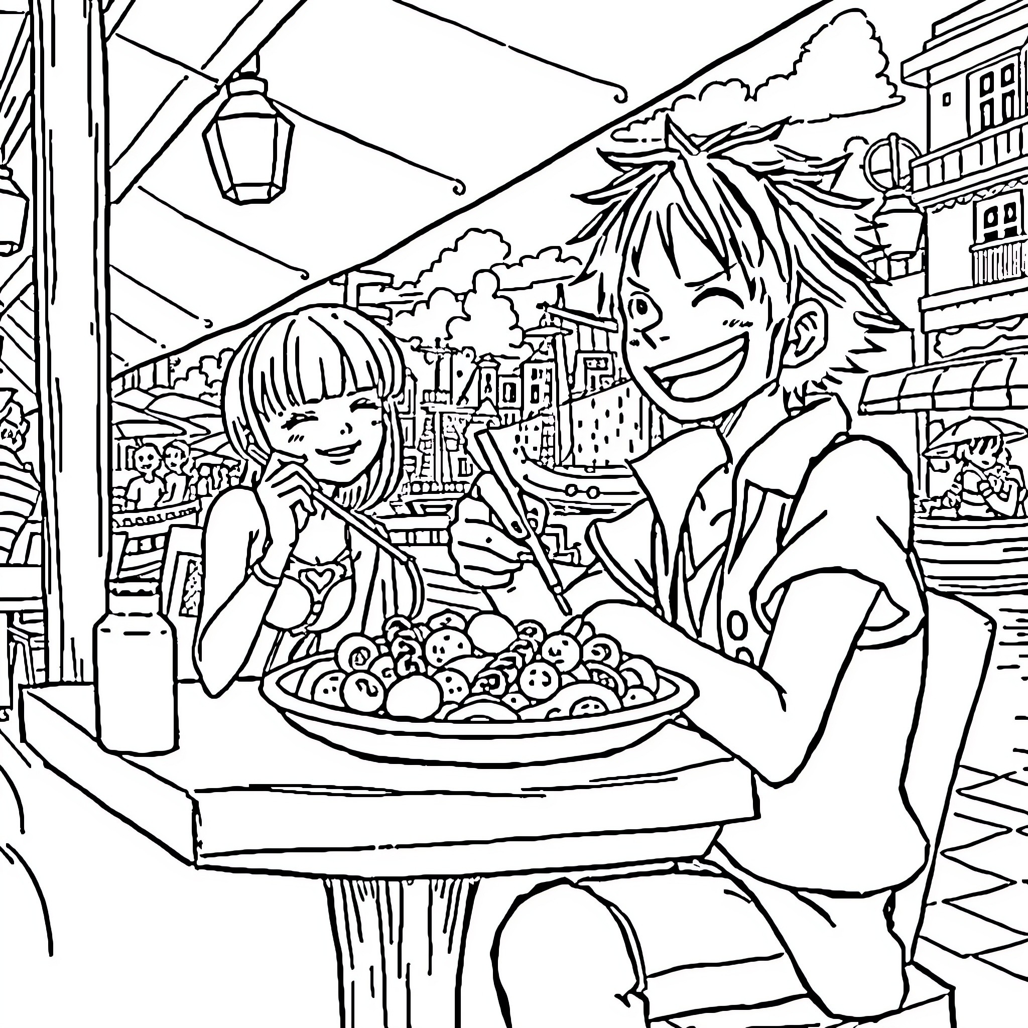 Monkey D Luffy enjoying snacks with a friend in a town setting Coloring Page (free black-and-white line drawing printable PDF for all, from beginners to advanced learners, including children, teens, adults, and seniors)