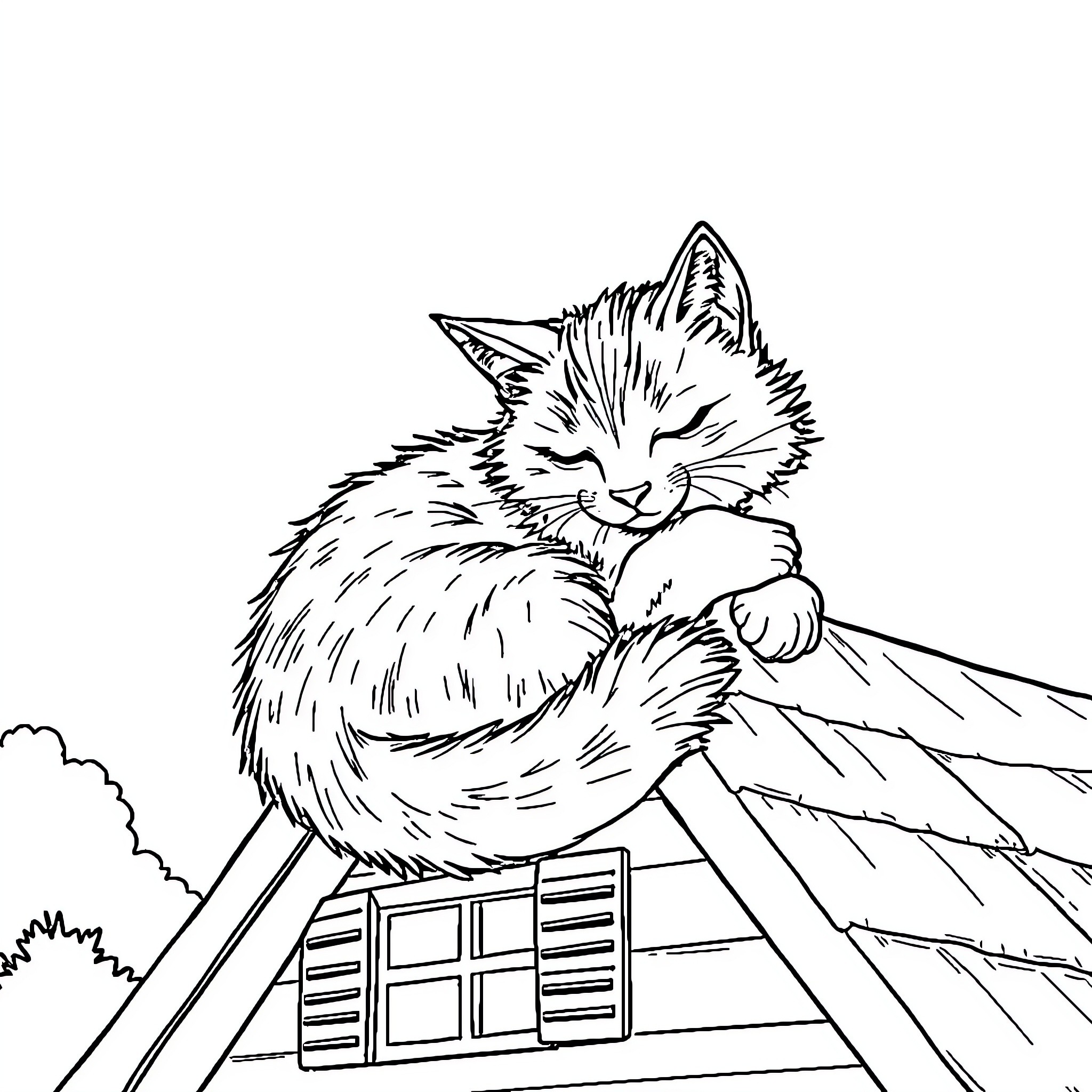 Cat resting contentedly on a roof Coloring Page (free black-and-white line drawing printable PDF for all, from beginners to advanced learners, including children, teens, adults, and seniors)