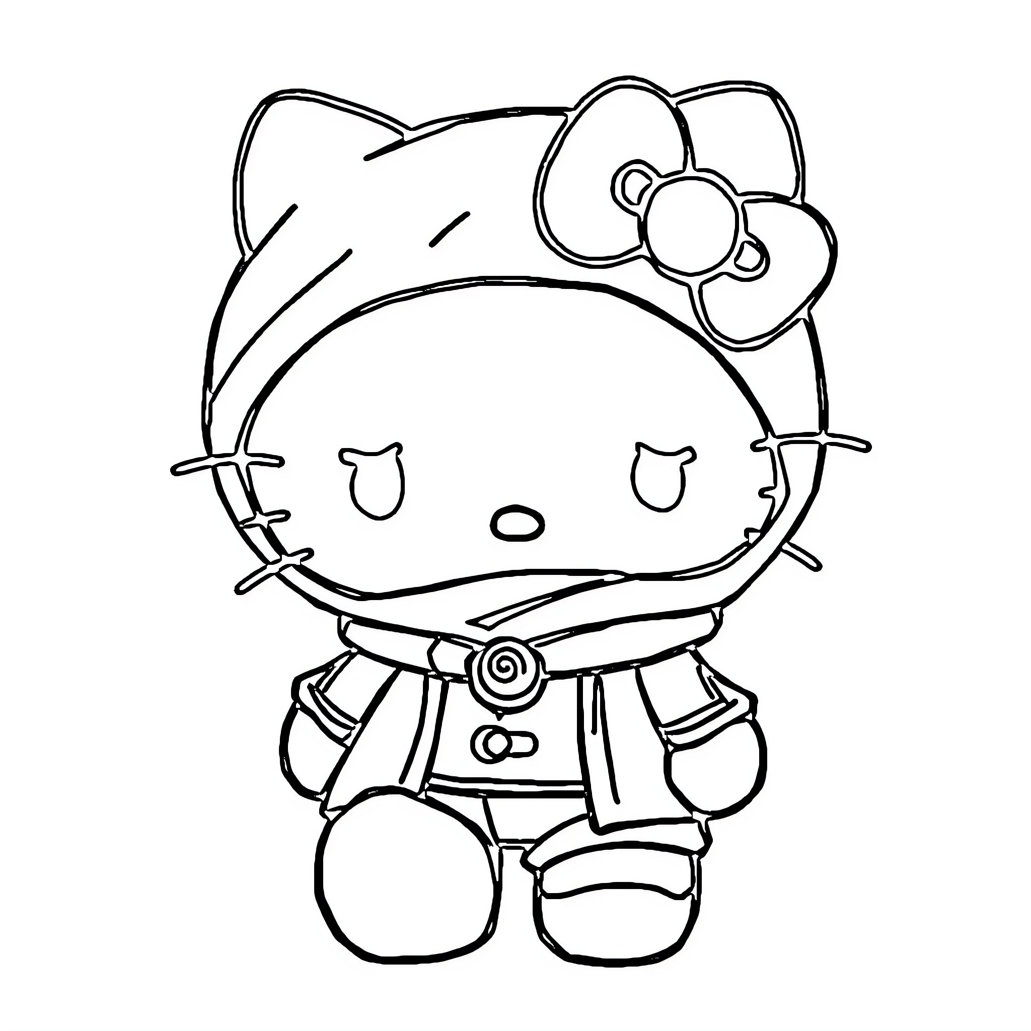 Hello Kitty in a Spy Outfit Coloring Page (free black-and-white line drawing printable PDF for all, from beginners to advanced learners, including children, teens, adults, and seniors)