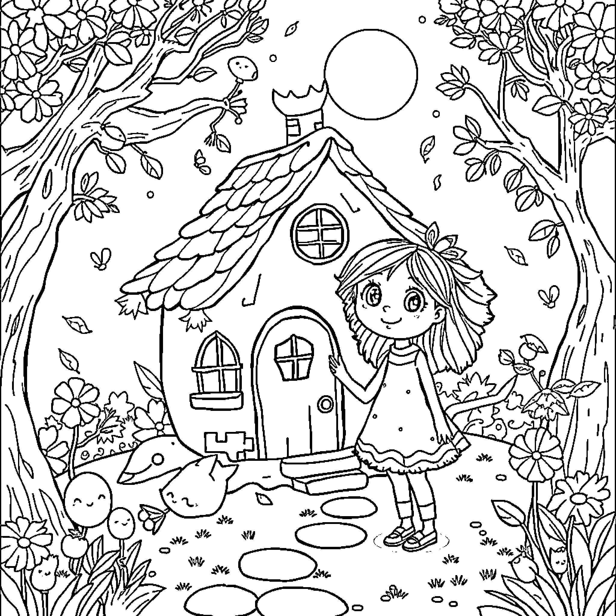 Owl-Themed Fairy Tale Illustration Coloring Page (free black-and-white line drawing printable PDF for all, from beginners to advanced learners, including children, teens, adults, and seniors)