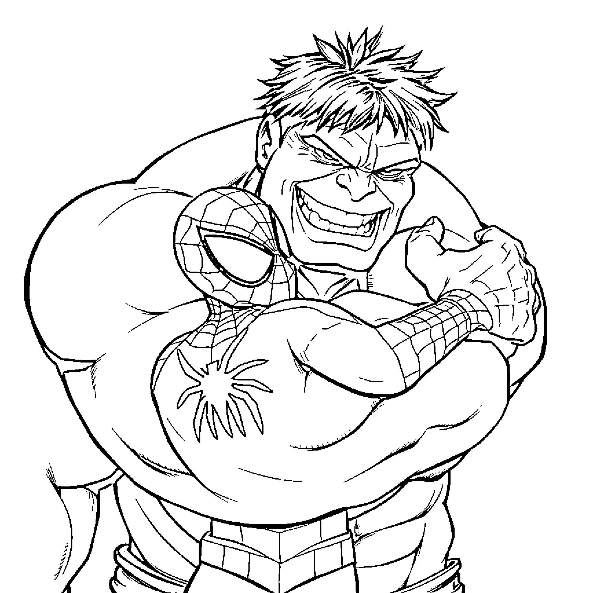 Spiderman Smiling Heroically in Action Pose Coloring Page (free black-and-white line drawing printable PDF for all, from beginners to advanced learners, including children, teens, adults, and seniors)