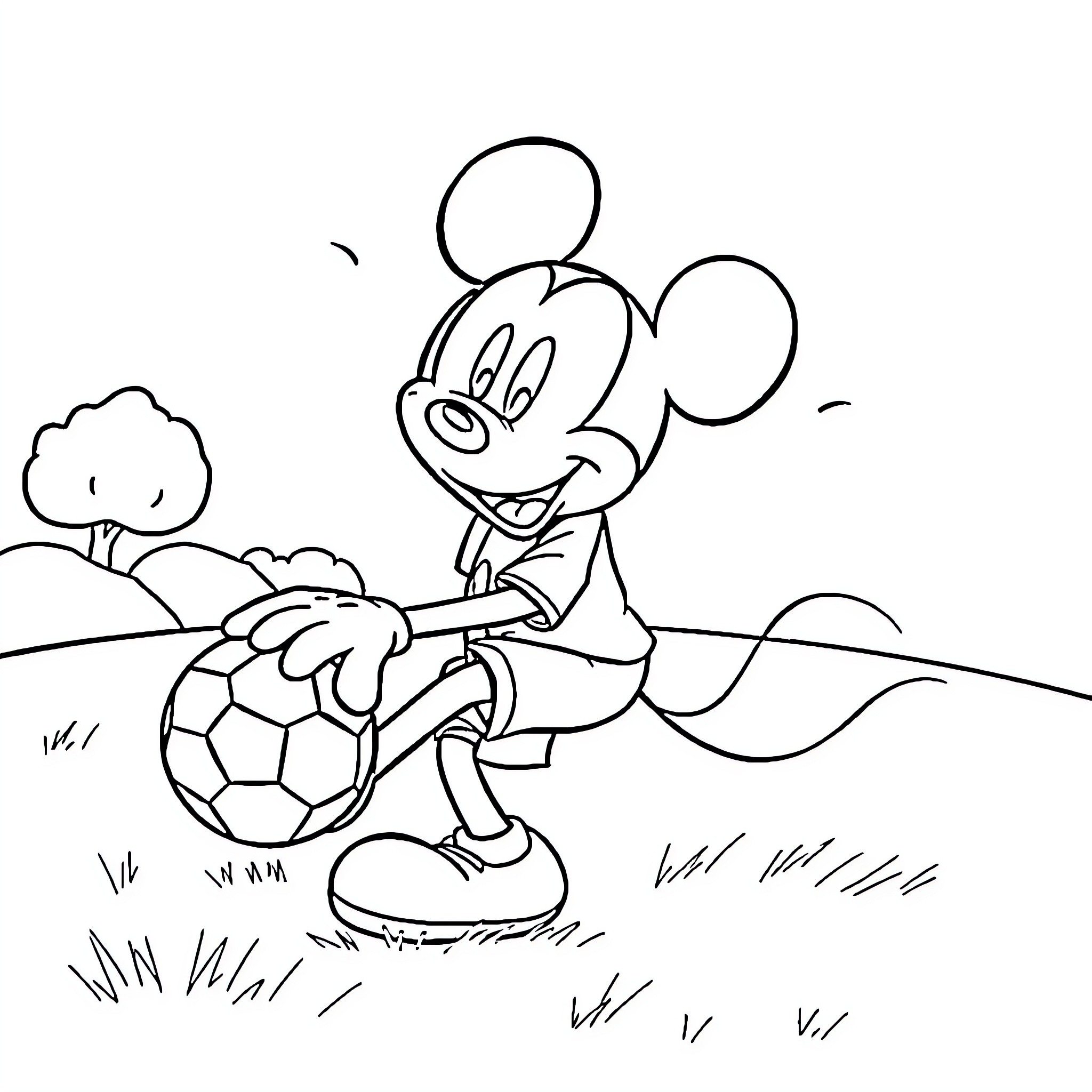 Mickey Mouse playing with soccer ball in the park Coloring Page (free black-and-white line drawing printable PDF for all, from beginners to advanced learners, including children, teens, adults, and seniors)