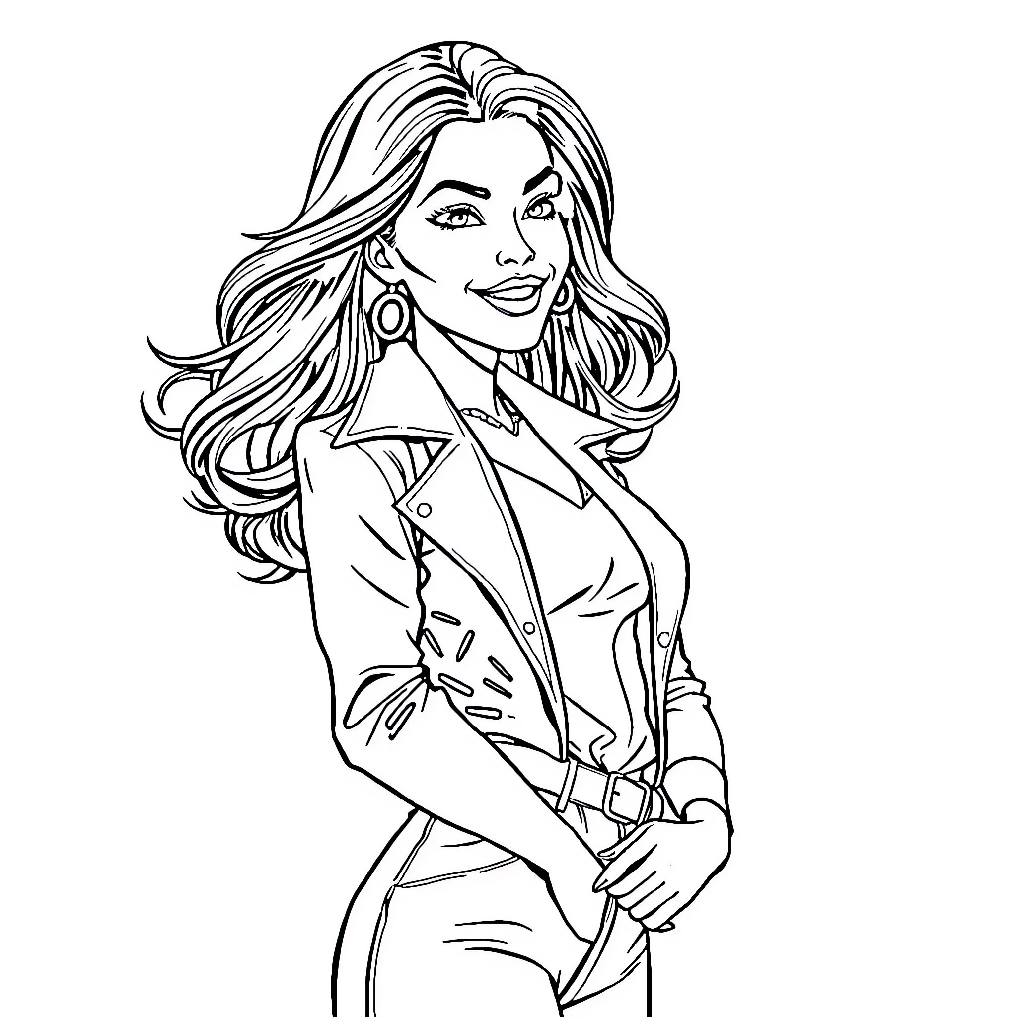 Woman in fashionable business attire posing with confidence Coloring Page (free black-and-white line drawing printable PDF for all, from beginners to advanced learners, including children, teens, adults, and seniors)