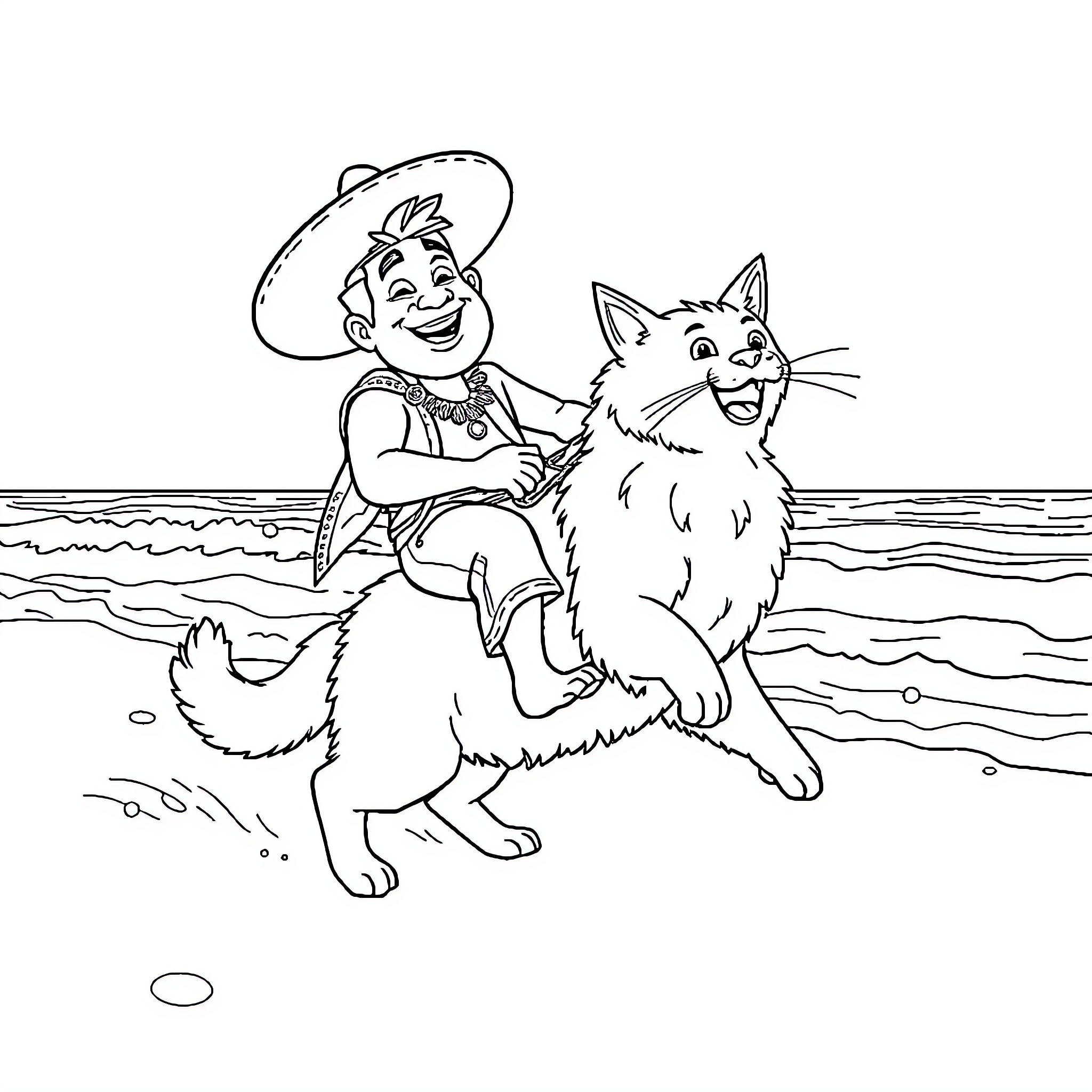 Mexican man playing with happy cat on the beach Coloring Page (free black-and-white line drawing printable PDF for all, from beginners to advanced learners, including children, teens, adults, and seniors)