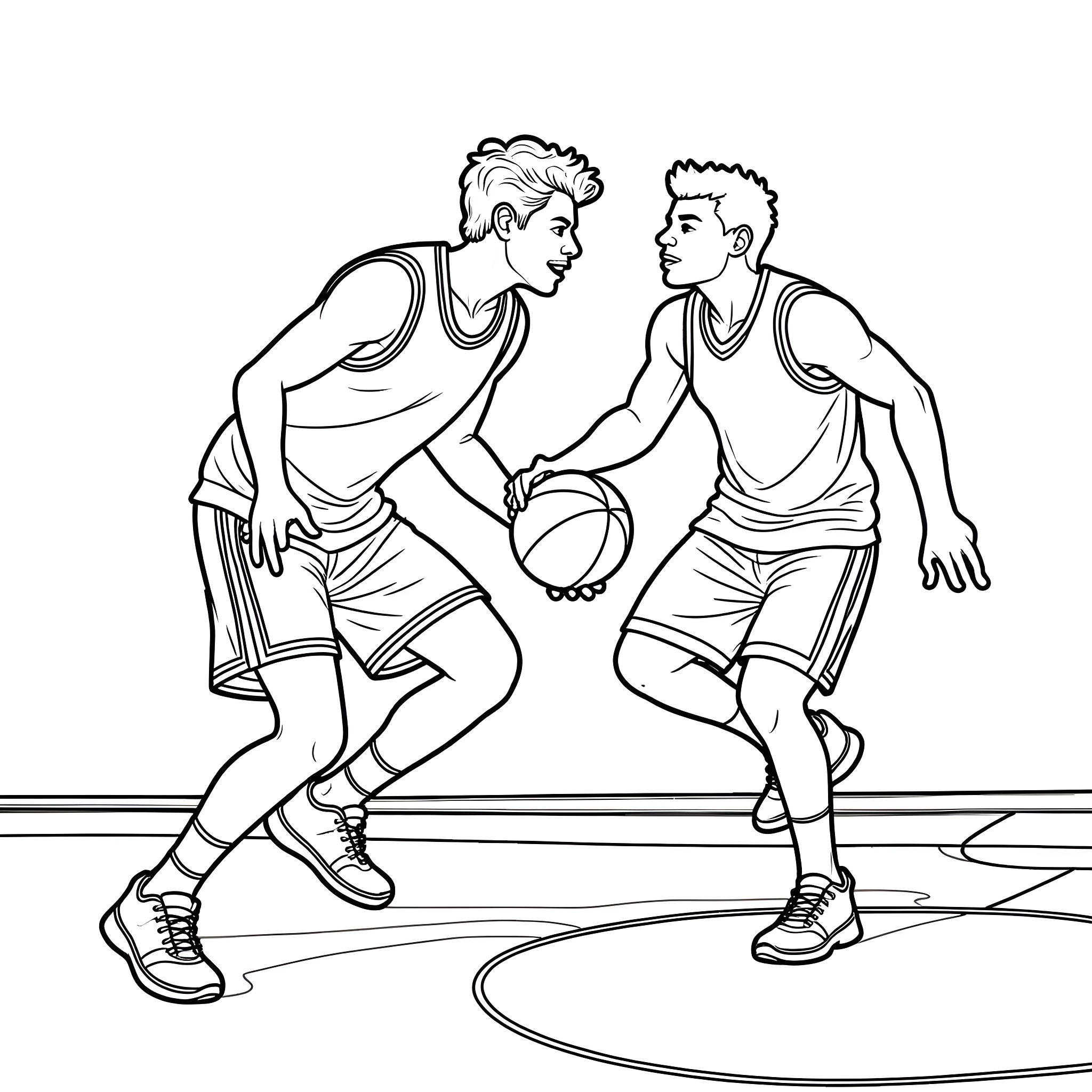 Harry Styles Playing Basketball with Friend Coloring Page (free black-and-white line drawing printable PDF for all, from beginners to advanced learners, including children, teens, adults, and seniors)