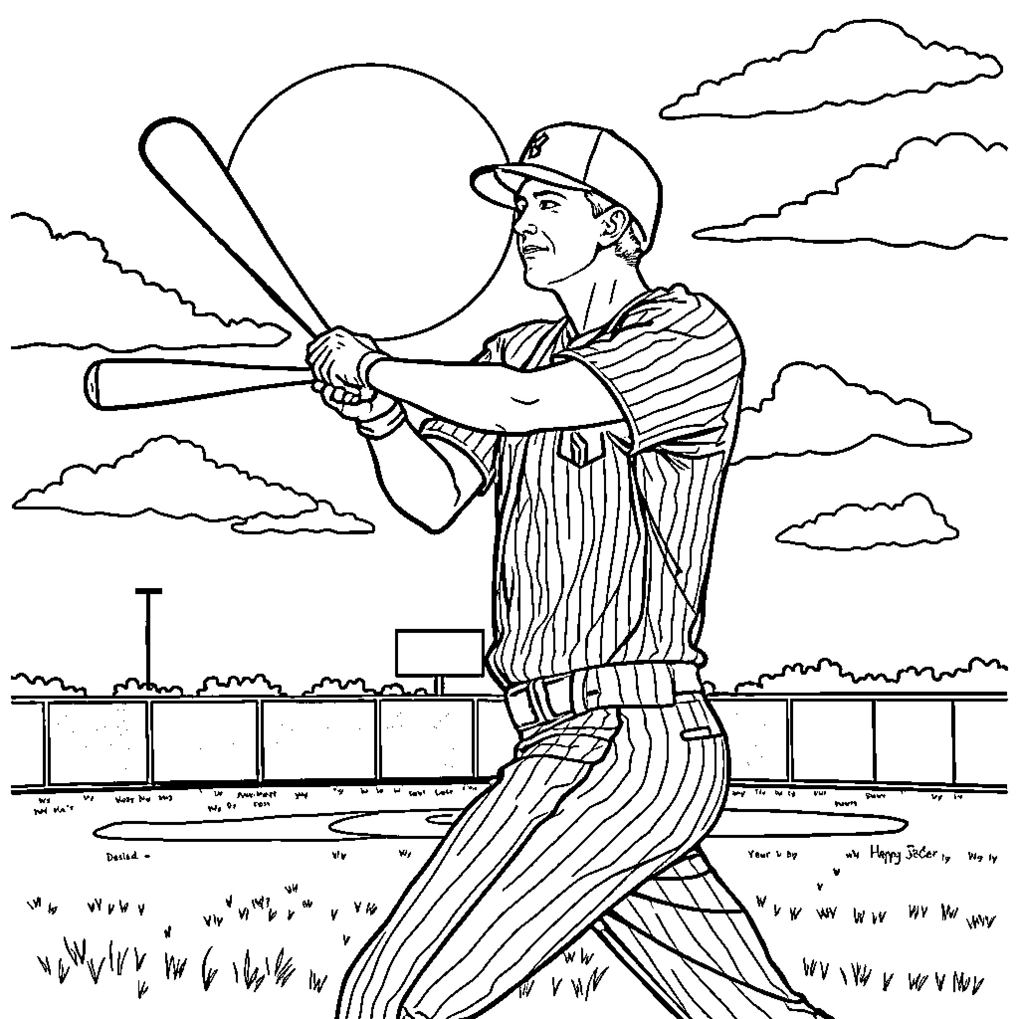 Derek Jeter batting on the baseball field Coloring Page (free black-and-white line drawing printable PDF for all, from beginners to advanced learners, including children, teens, adults, and seniors)