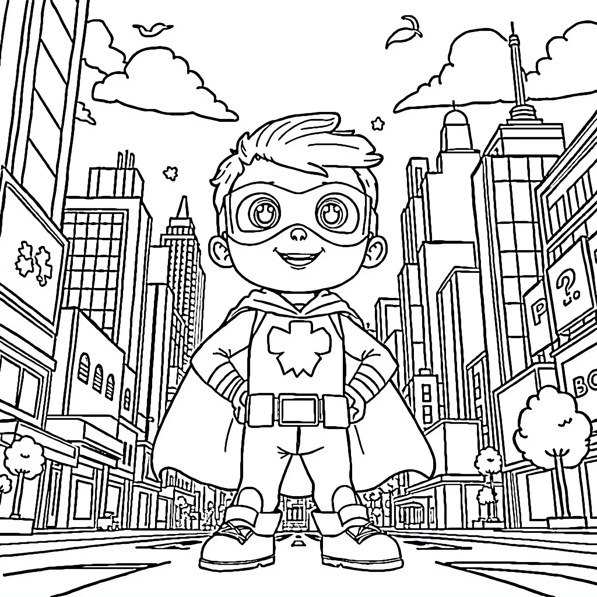 Boboiboy explores the bustling city Coloring Page (free black-and-white line drawing printable PDF for all, from beginners to advanced learners, including children, teens, adults, and seniors)