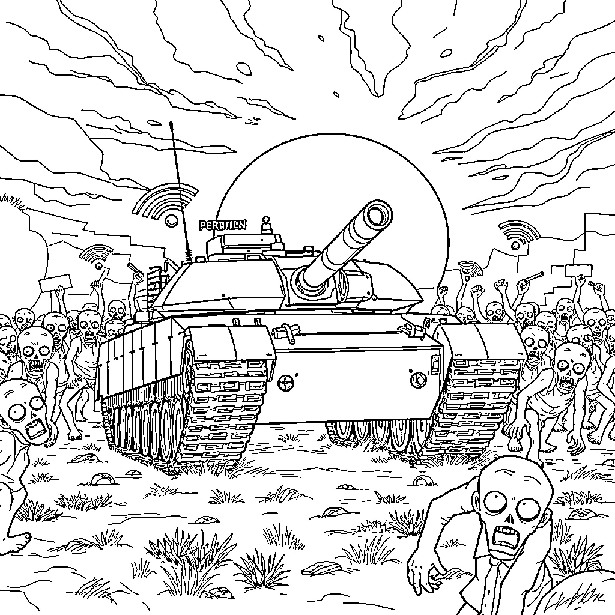 Tank rolling through a post-apocalyptic landscape Coloring Page (free black-and-white line drawing printable PDF for all, from beginners to advanced learners, including children, teens, adults, and seniors)