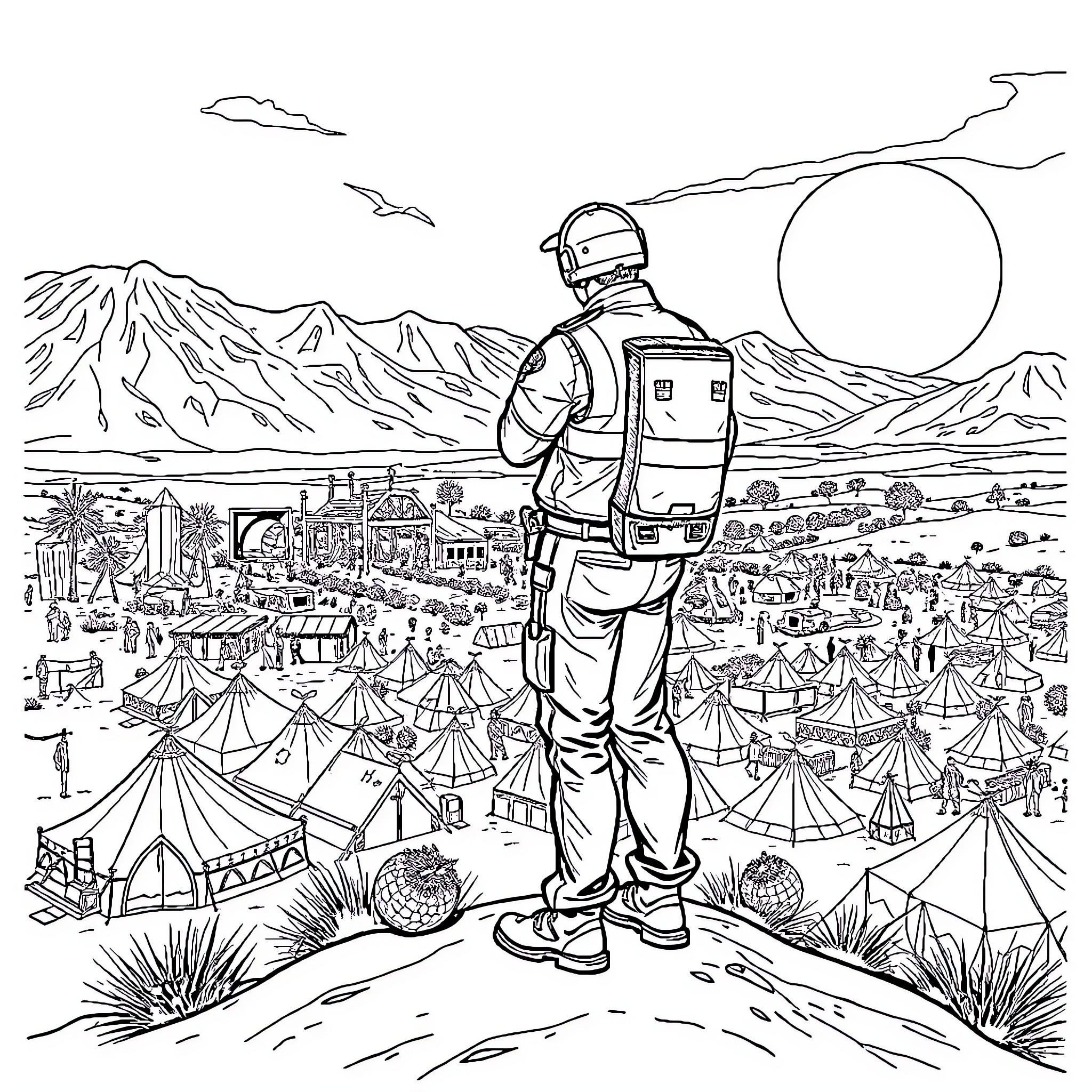 Dispatcher Surveying a Bustling Outdoor Festival Coloring Page (free black-and-white line drawing printable PDF for all, from beginners to advanced learners, including children, teens, adults, and seniors)