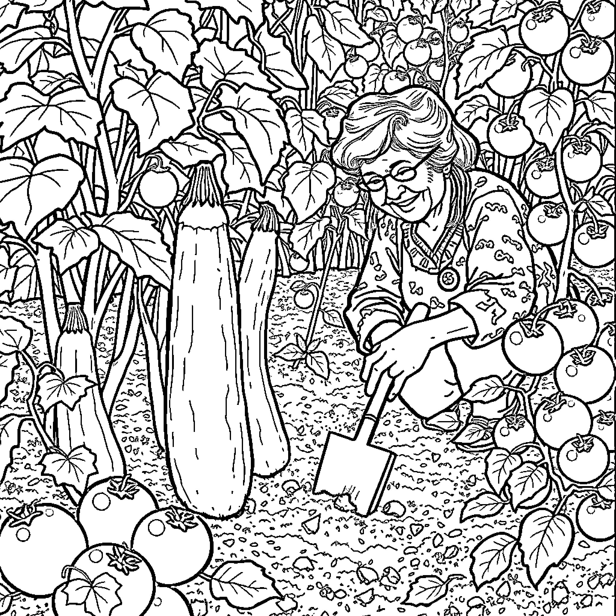 Zucchini Gardener Tending to Bountiful Produce Coloring Page (free black-and-white line drawing printable PDF for all, from beginners to advanced learners, including children, teens, adults, and seniors)