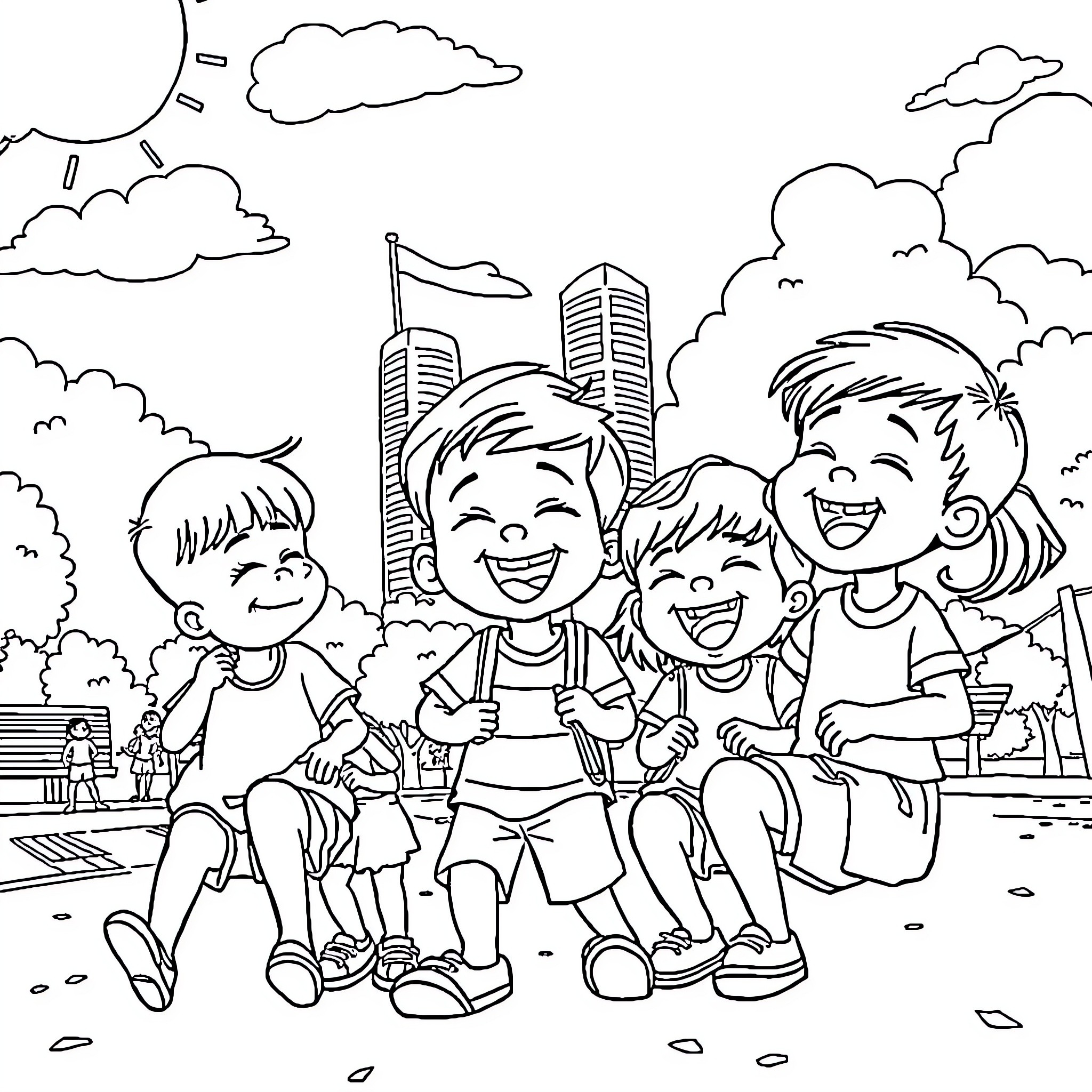 Kid friends enjoying outdoor city scene Coloring Page (free black-and-white line drawing printable PDF for all, from beginners to advanced learners, including children, teens, adults, and seniors)