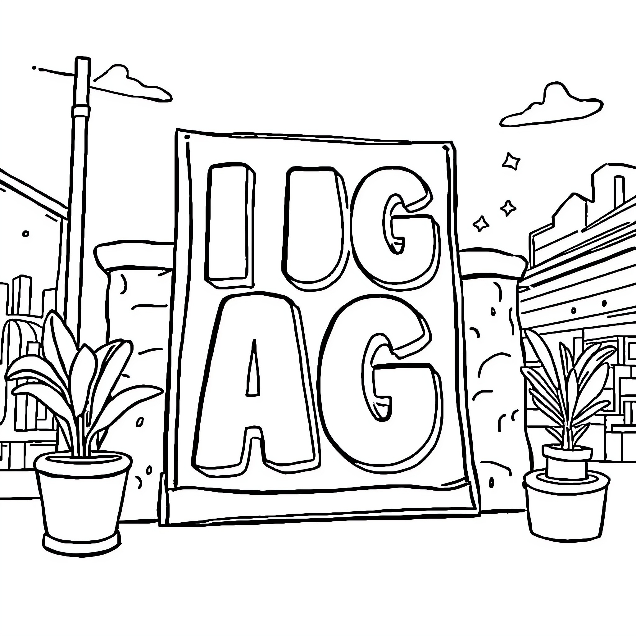 Advertisement for a Playful Urban Scene Coloring Page (free black-and-white line drawing printable PDF for all, from beginners to advanced learners, including children, teens, adults, and seniors)