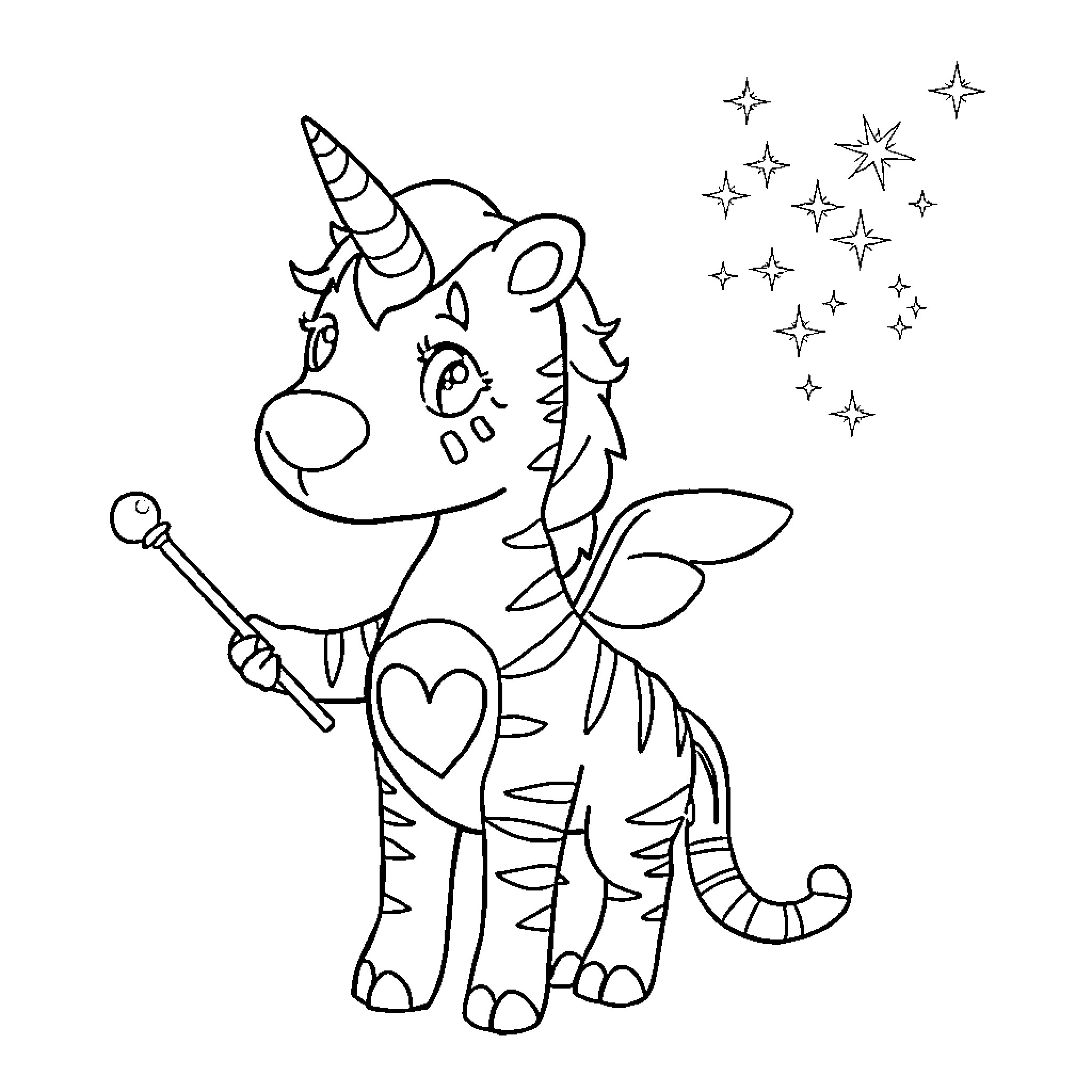 Tiger-corn playing with magic wand and stars Coloring Page (free black-and-white line drawing printable PDF for all, from beginners to advanced learners, including children, teens, adults, and seniors)
