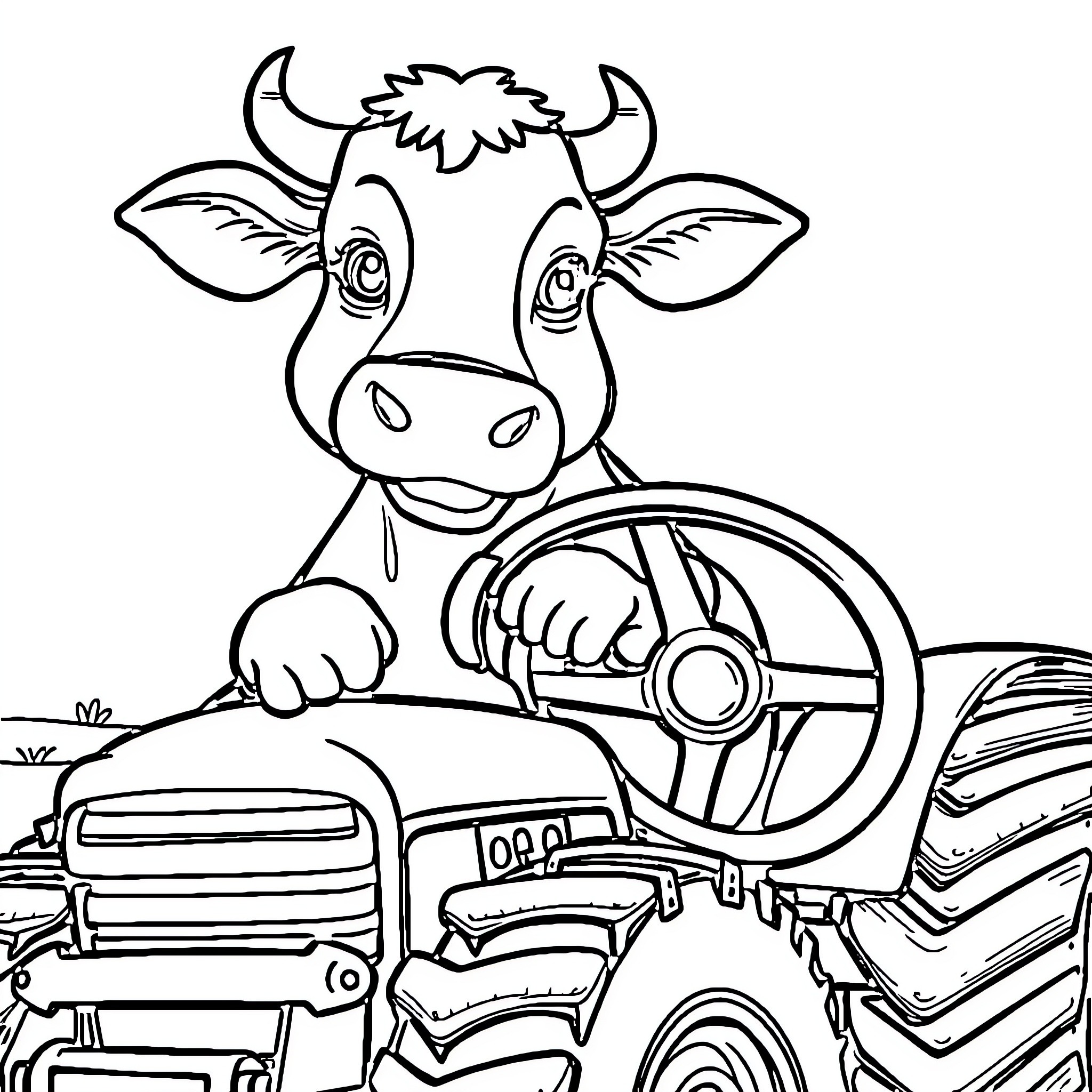 Cow driving a tractor on the farm Coloring Page (free black-and-white line drawing printable PDF for all, from beginners to advanced learners, including children, teens, adults, and seniors)