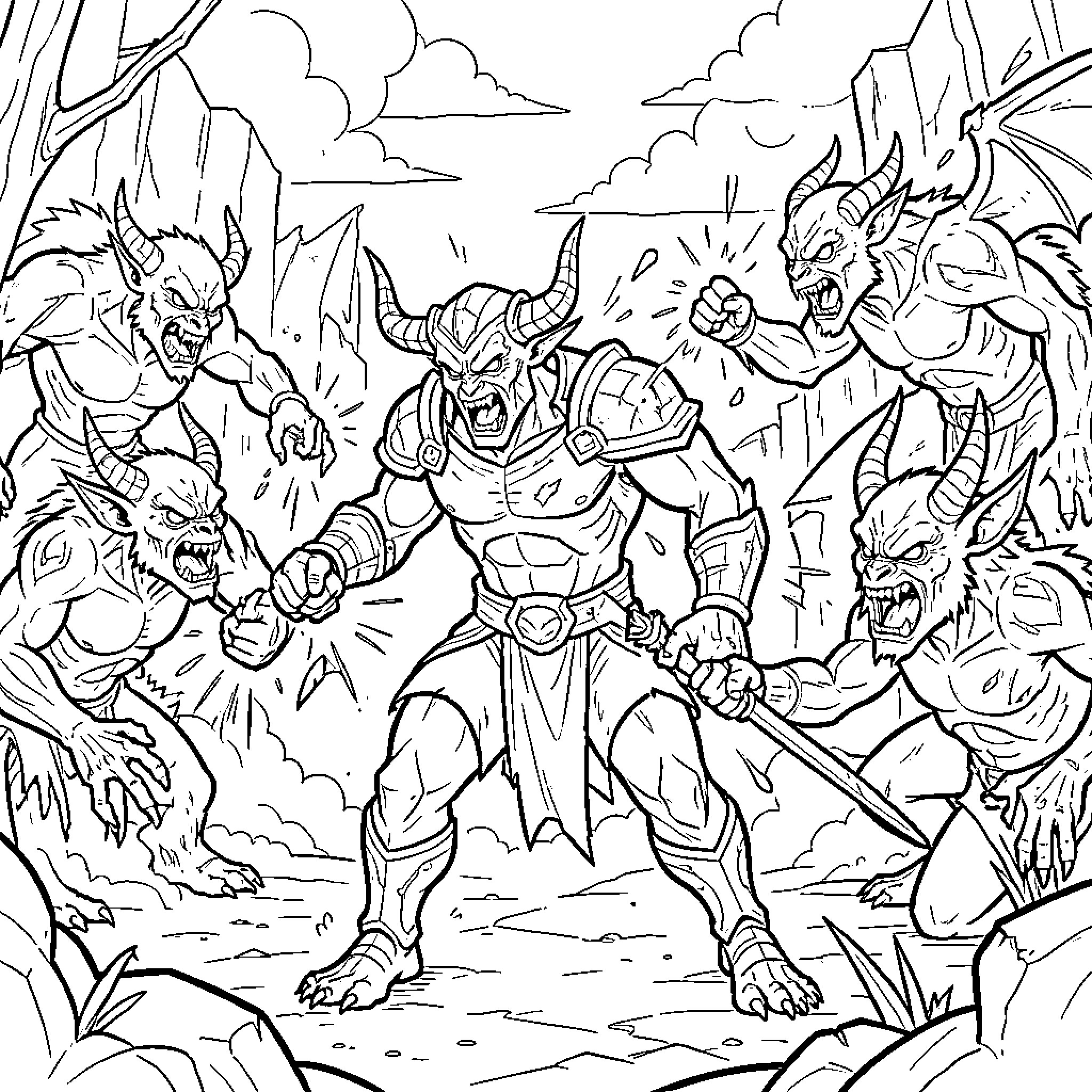 Huntrix battling fierce horned monsters in a rugged landscape Coloring Page (free black-and-white line drawing printable PDF for all, from beginners to advanced learners, including children, teens, adults, and seniors)