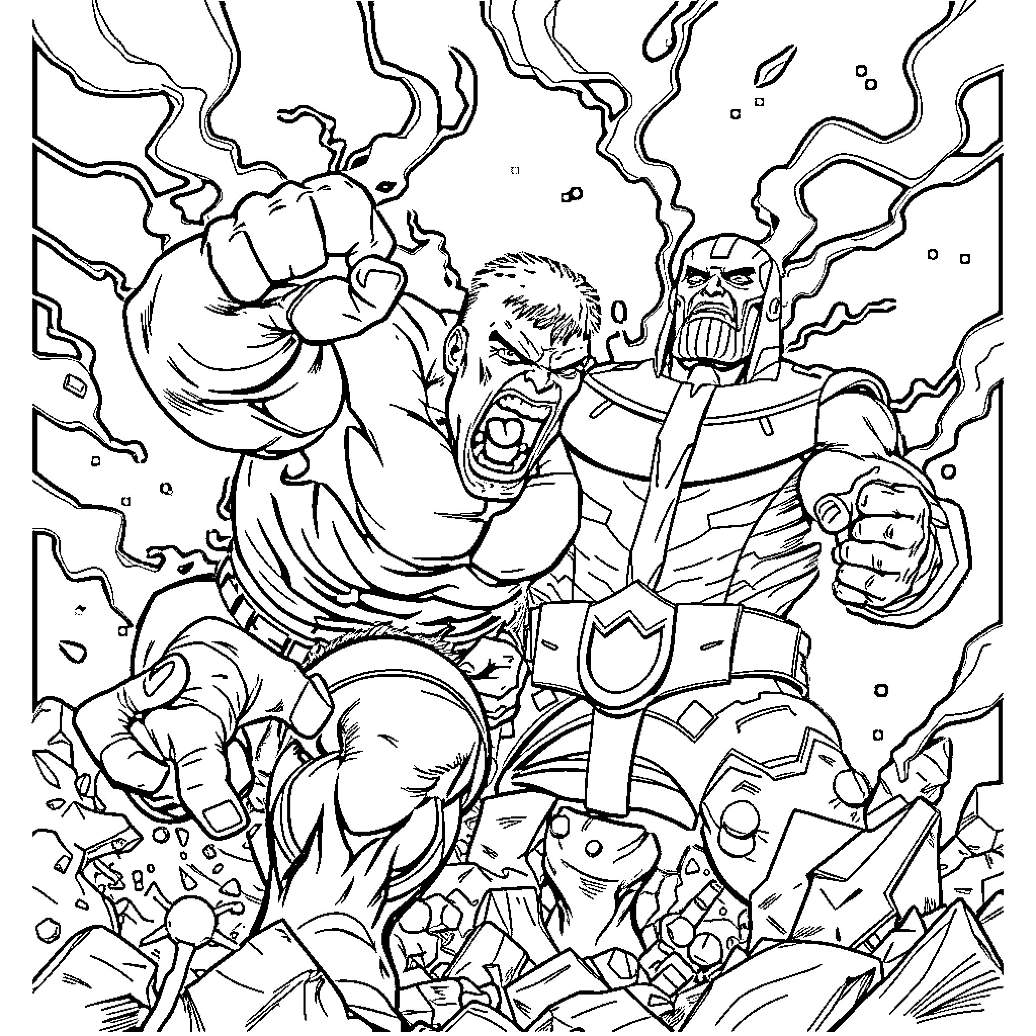 Hulk unleashing powerful energy against fearsome foe Coloring Page (free black-and-white line drawing printable PDF for all, from beginners to advanced learners, including children, teens, adults, and seniors)