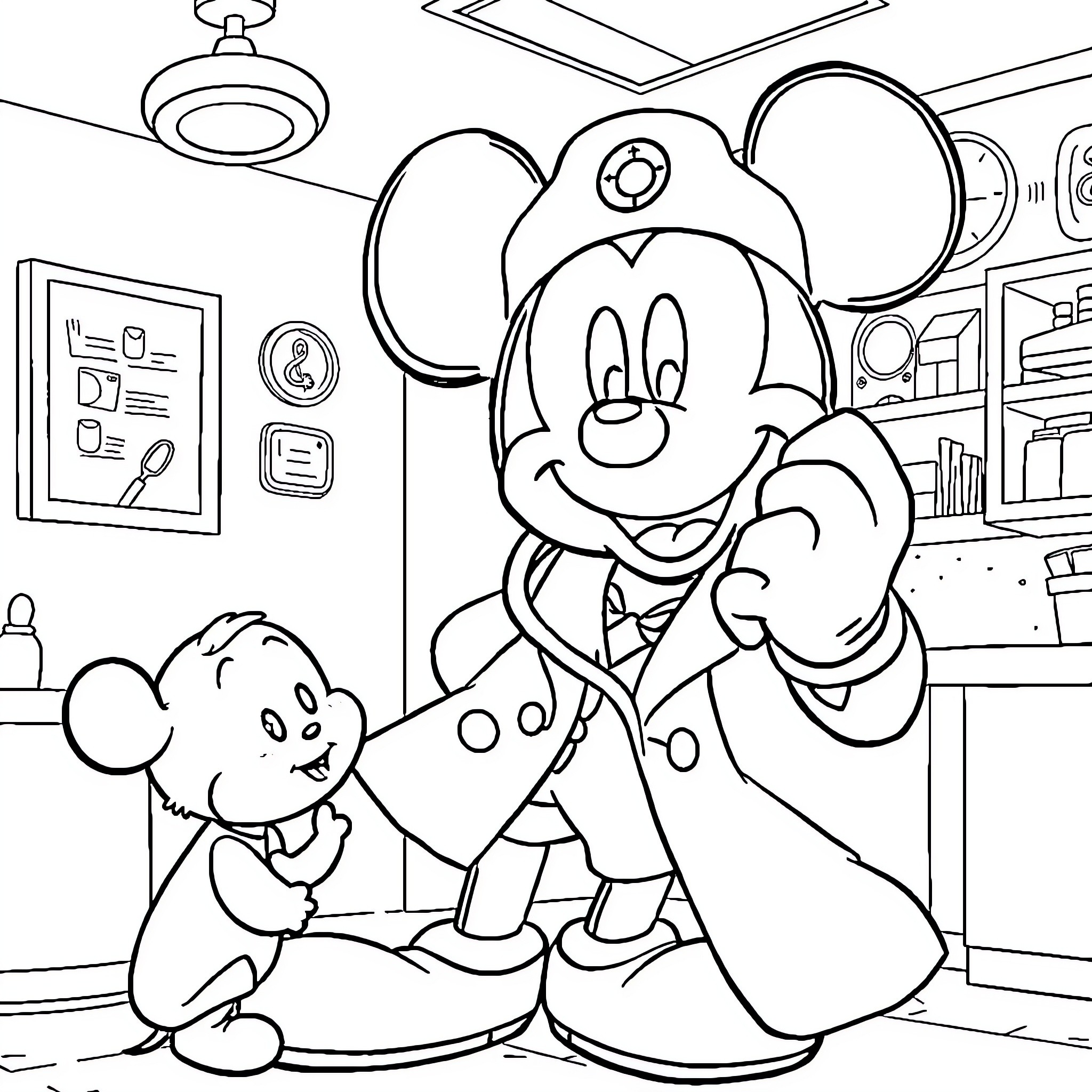 Mickey Mouse and a cartoon character exploring a room Coloring Page (free black-and-white line drawing printable PDF for all, from beginners to advanced learners, including children, teens, adults, and seniors)