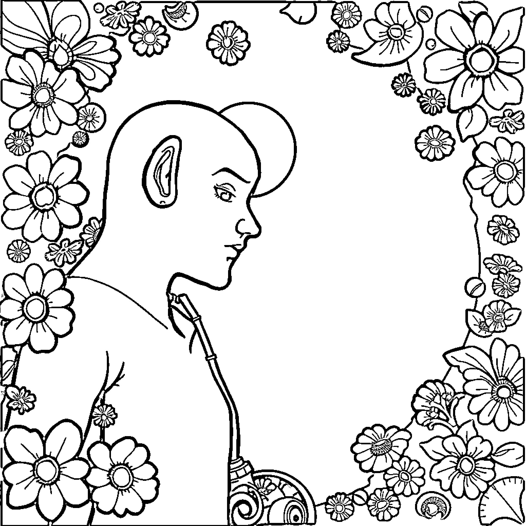 Nursing Profession Detailed in Floral Frame Coloring Page (free black-and-white line drawing printable PDF for all, from beginners to advanced learners, including children, teens, adults, and seniors)
