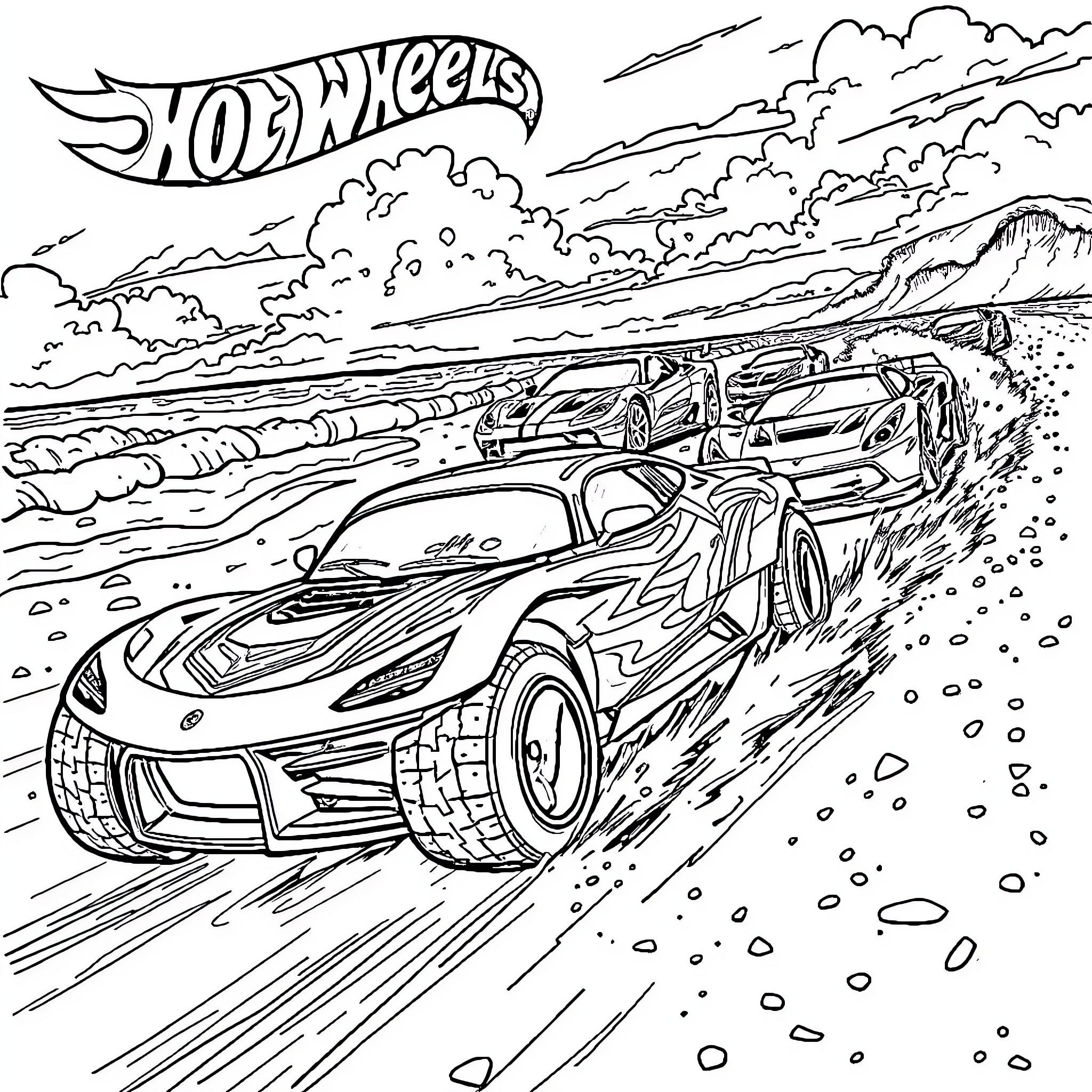 Hot Wheel Extreme Off-Road Adventure Coloring Page (free black-and-white line drawing printable PDF for all, from beginners to advanced learners, including children, teens, adults, and seniors)
