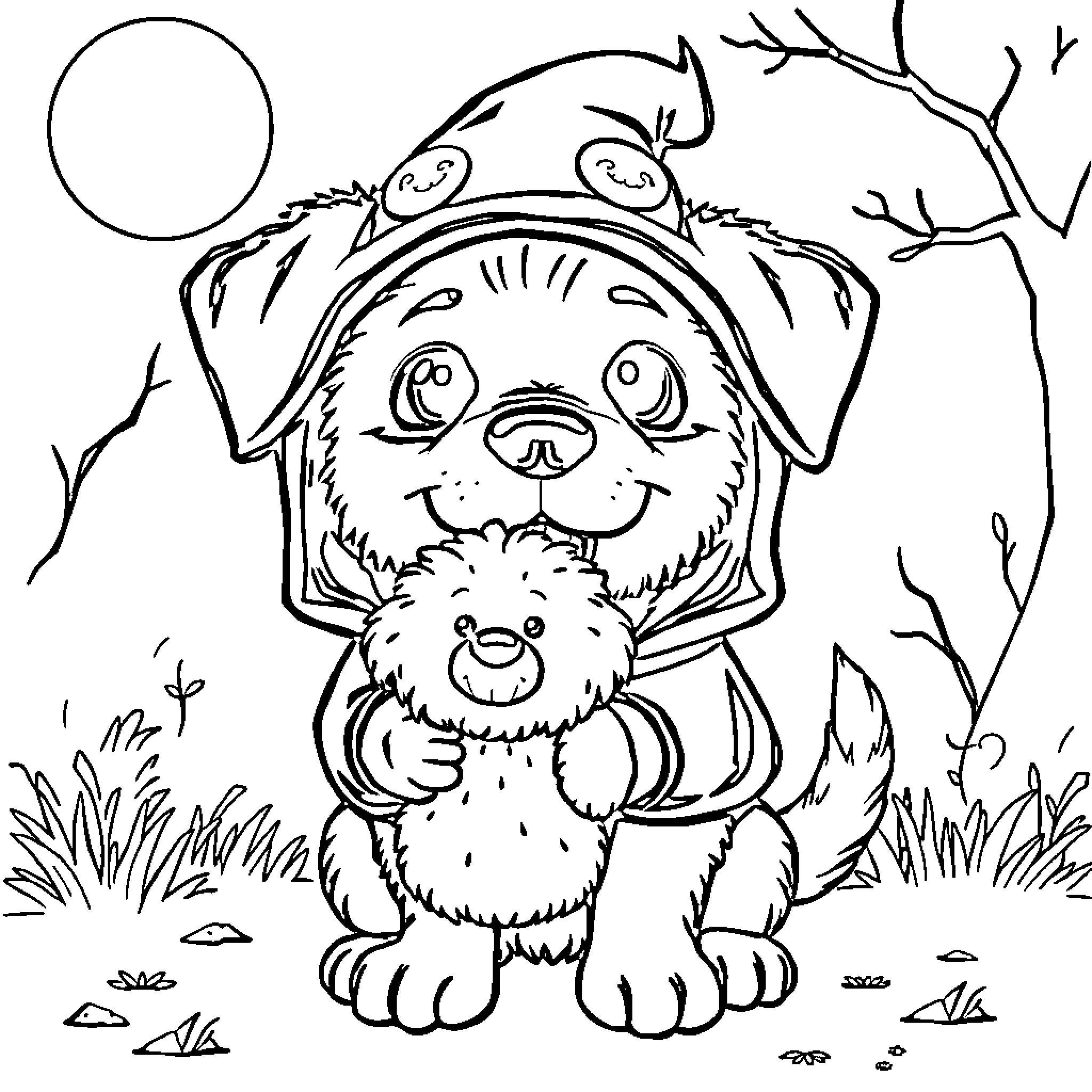 Dog happily wearing a hat in the wilderness Coloring Page (free black-and-white line drawing printable PDF for all, from beginners to advanced learners, including children, teens, adults, and seniors)