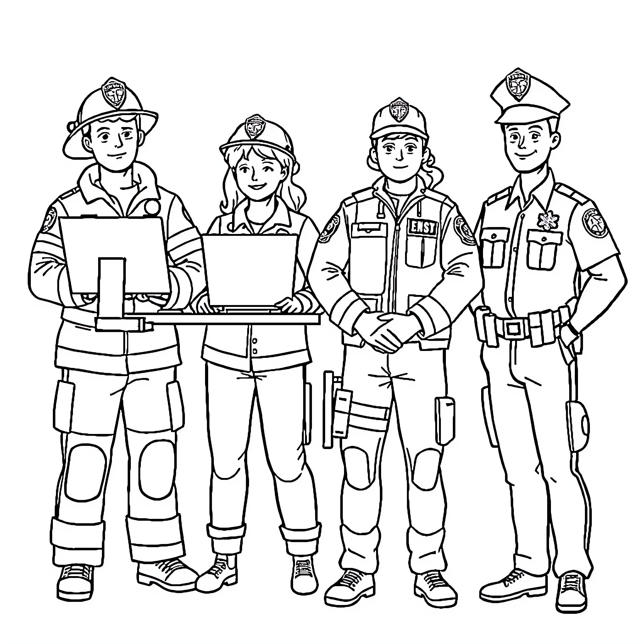 Hero firefighters and police officers in action Coloring Page (free black-and-white line drawing printable PDF for all, from beginners to advanced learners, including children, teens, adults, and seniors)