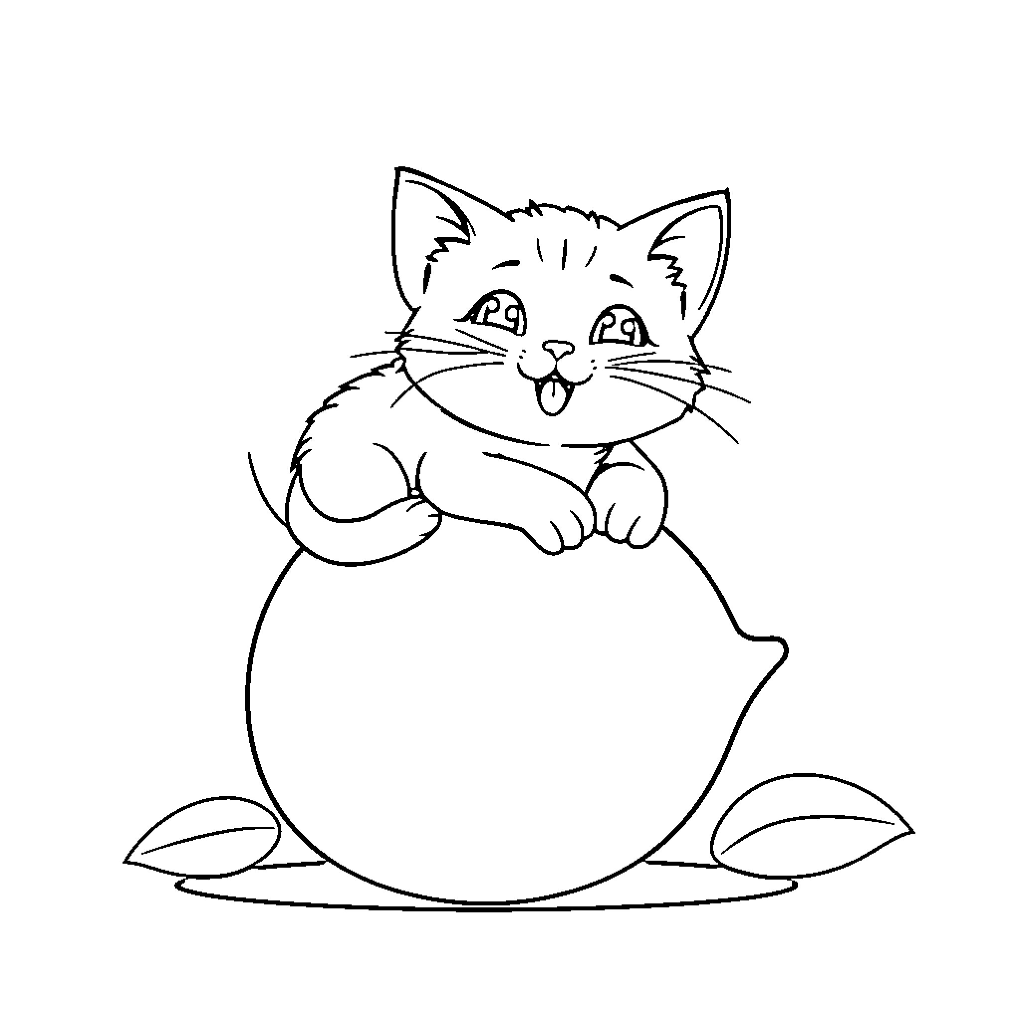 Cat in a Cozy Ball Coloring Page (free black-and-white line drawing printable PDF for all, from beginners to advanced learners, including children, teens, adults, and seniors)