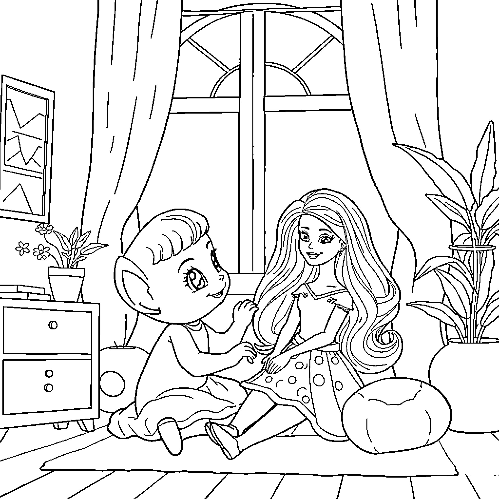 Bluey and friend playing together at home Coloring Page (free black-and-white line drawing printable PDF for all, from beginners to advanced learners, including children, teens, adults, and seniors)