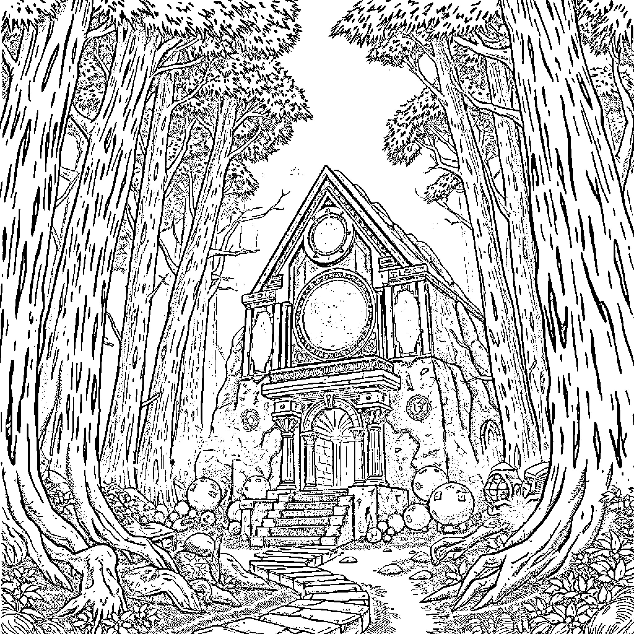 Forest Temple with Ornate Architecture and Mystical Elements Coloring Page (free black-and-white line drawing printable PDF for all, from beginners to advanced learners, including children, teens, adults, and seniors)