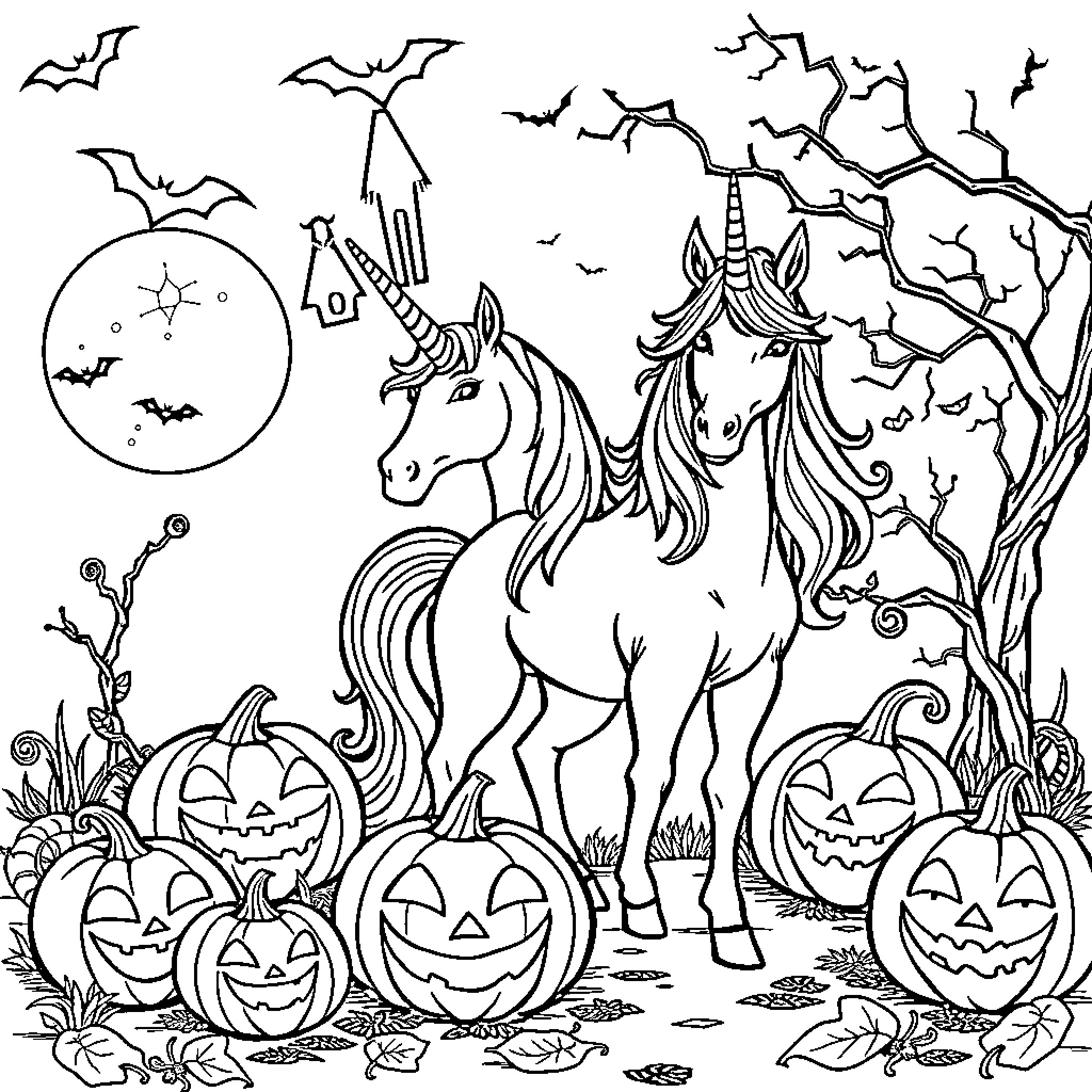 Unicorn Celebrating Halloween in the Enchanted Forest Coloring Page (free black-and-white line drawing printable PDF for all, from beginners to advanced learners, including children, teens, adults, and seniors)