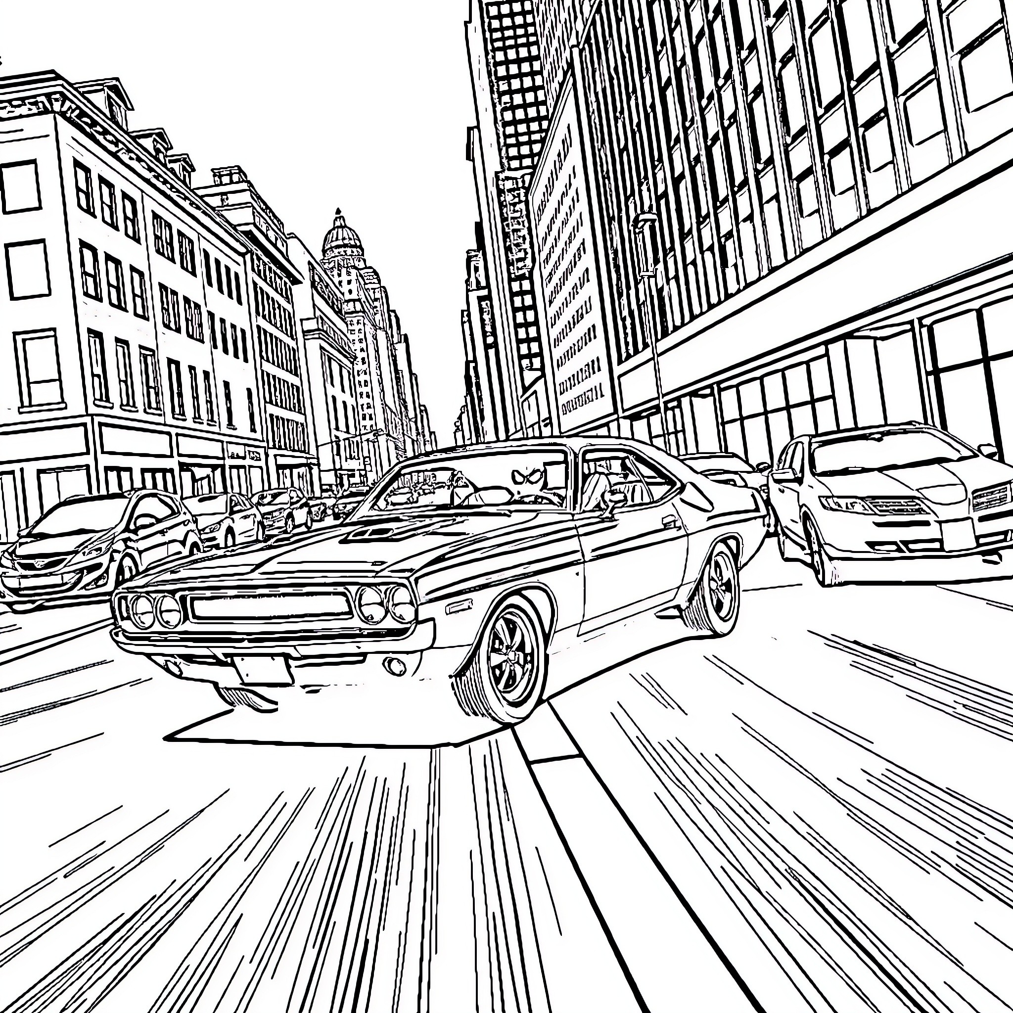 Spider-Man racing through busy city streets Coloring Page (free black-and-white line drawing printable PDF for all, from beginners to advanced learners, including children, teens, adults, and seniors)