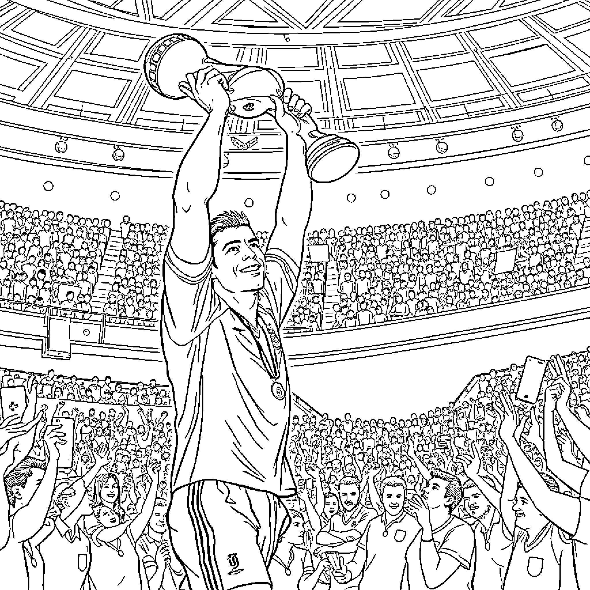 Cristiano Ronaldo celebrating victory with fans in stadium Coloring Page (free black-and-white line drawing printable PDF for all, from beginners to advanced learners, including children, teens, adults, and seniors)
