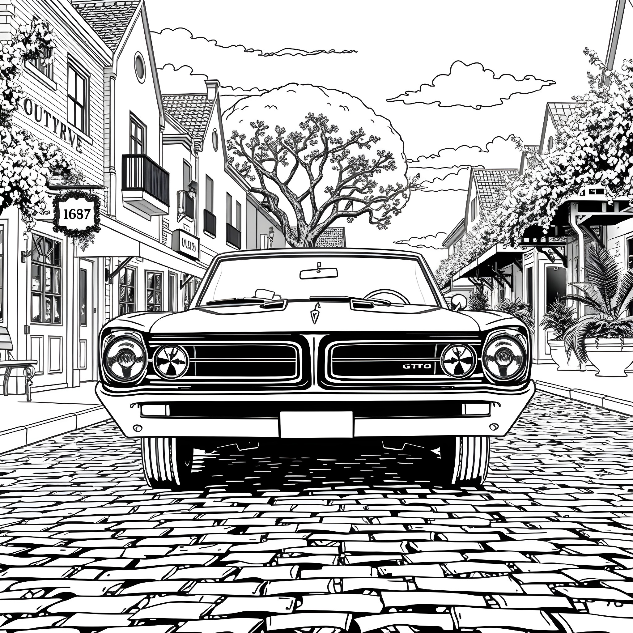 Pontiac muscle car in a quaint town setting Coloring Page (free black-and-white line drawing printable PDF for all, from beginners to advanced learners, including children, teens, adults, and seniors)