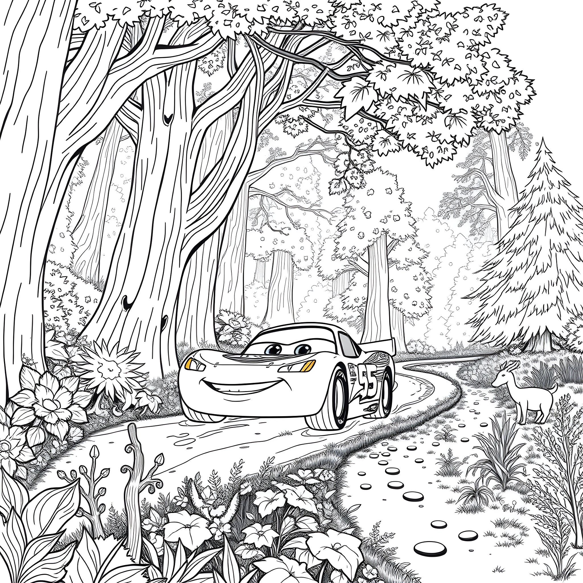 Lightning McQueen exploring the enchanted forest Coloring Page (free black-and-white line drawing printable PDF for all, from beginners to advanced learners, including children, teens, adults, and seniors)