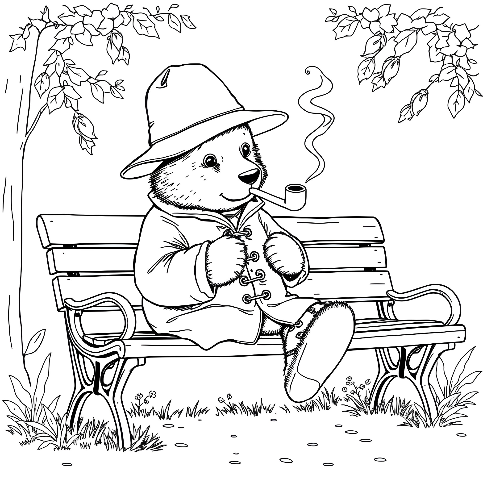 Paddington Bear relaxing on a park bench Coloring Page (free black-and-white line drawing printable PDF for all, from beginners to advanced learners, including children, teens, adults, and seniors)