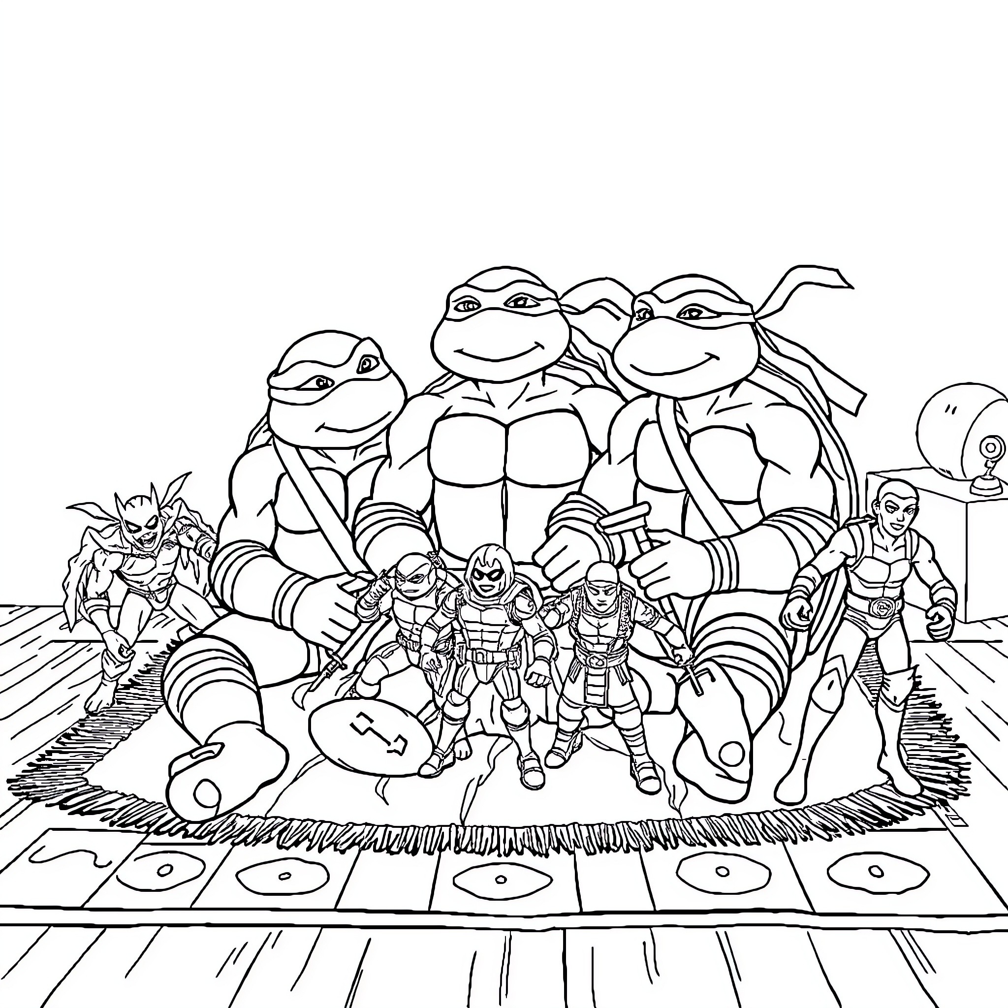 Teenage Mutant Ninja Turtles in action-packed adventure Coloring Page (free black-and-white line drawing printable PDF for all, from beginners to advanced learners, including children, teens, adults, and seniors)