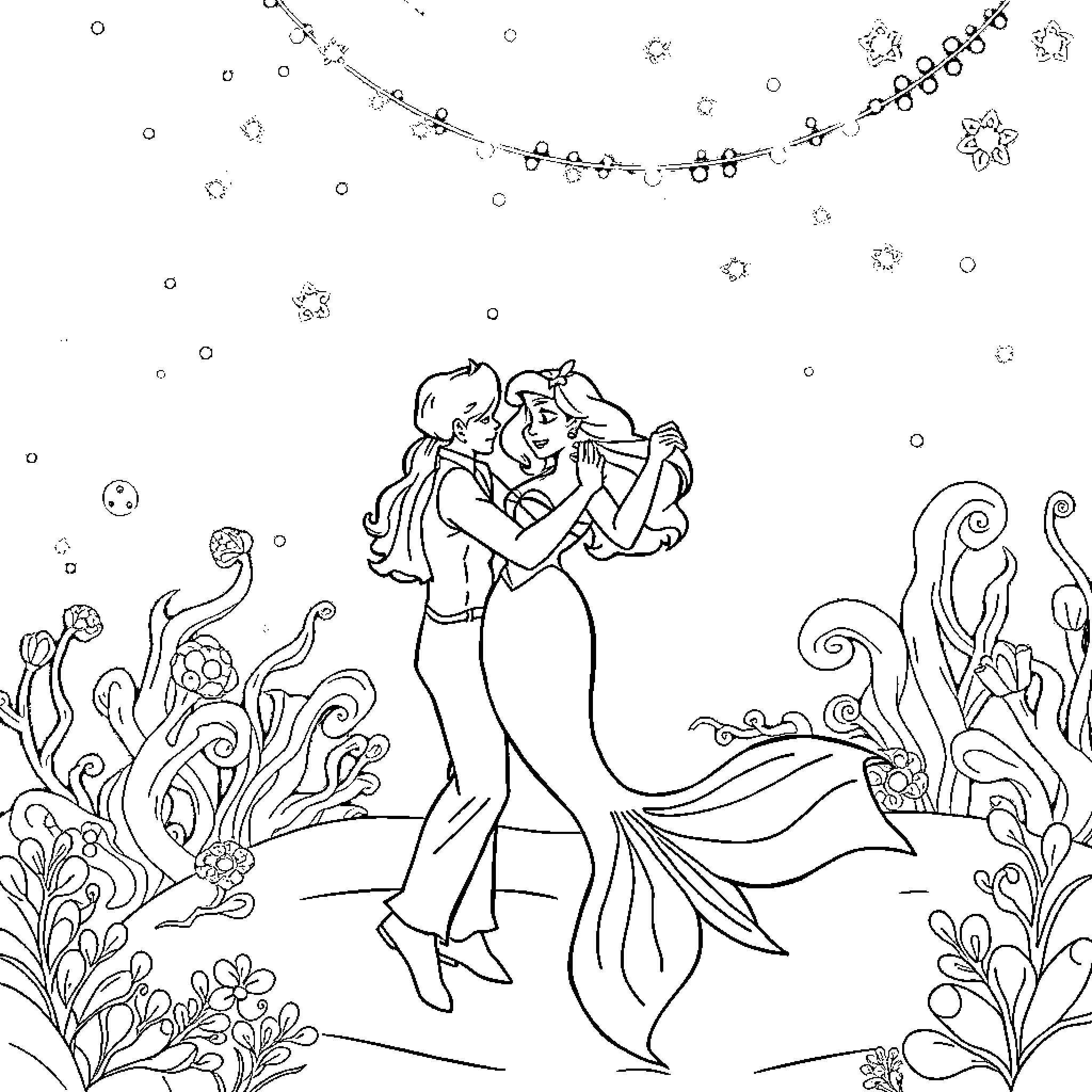 Ariel and Prince Eric dancing in the underwater garden Coloring Page (free black-and-white line drawing printable PDF for all, from beginners to advanced learners, including children, teens, adults, and seniors)