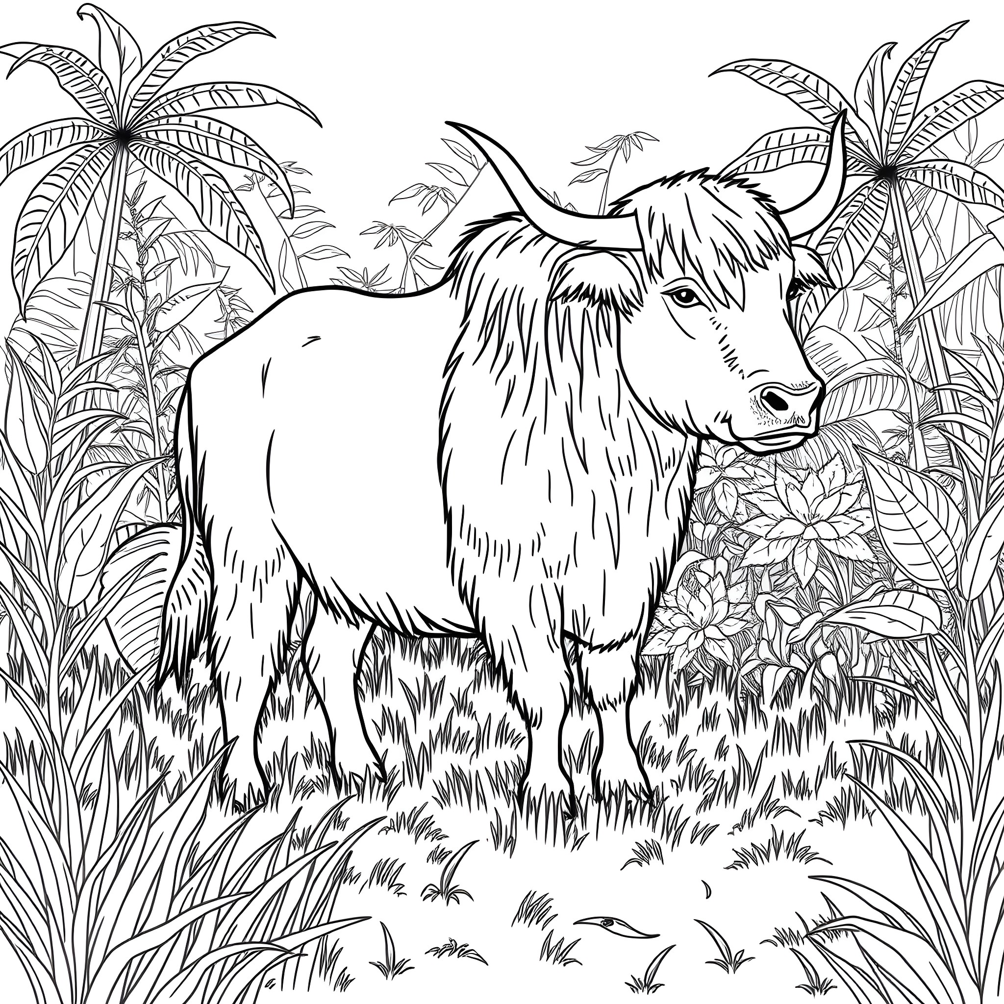 Yak standing amidst tropical foliage Coloring Page (free black-and-white line drawing printable PDF for all, from beginners to advanced learners, including children, teens, adults, and seniors)