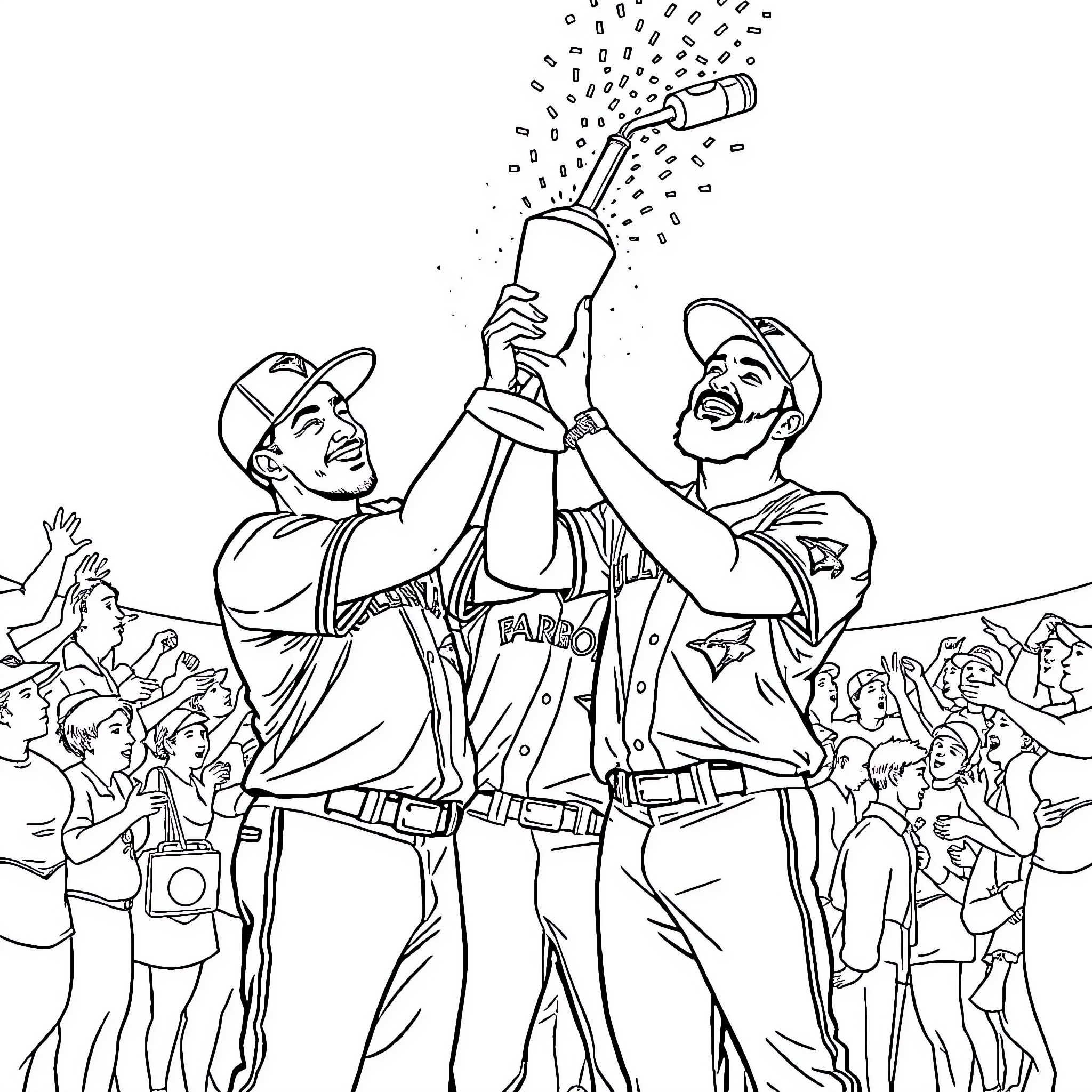 Blue Jay Players Celebrating Victory Coloring Page (free black-and-white line drawing printable PDF for all, from beginners to advanced learners, including children, teens, adults, and seniors)