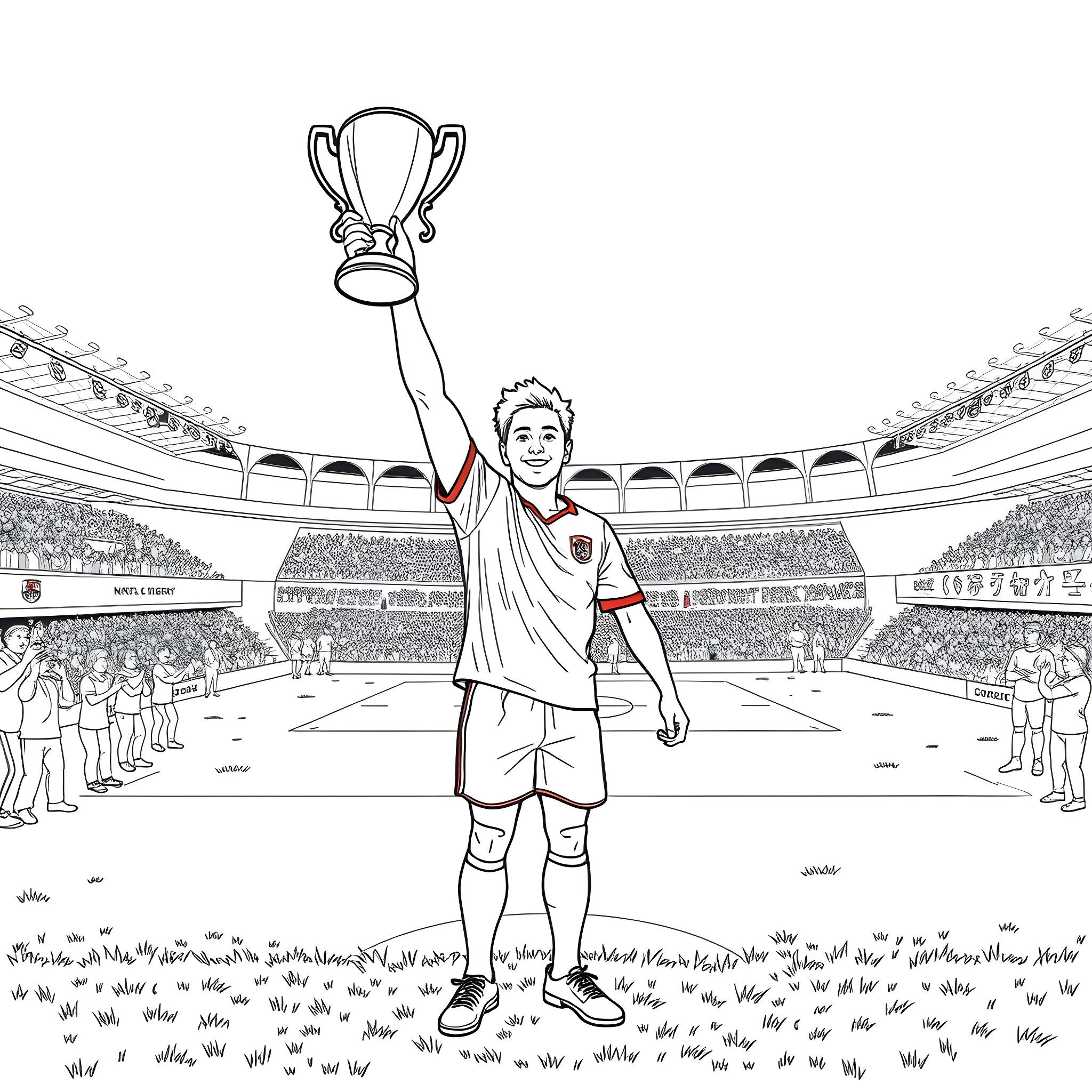 Tom Curry triumphantly holding trophy in stadium Coloring Page (free black-and-white line drawing printable PDF for all, from beginners to advanced learners, including children, teens, adults, and seniors)