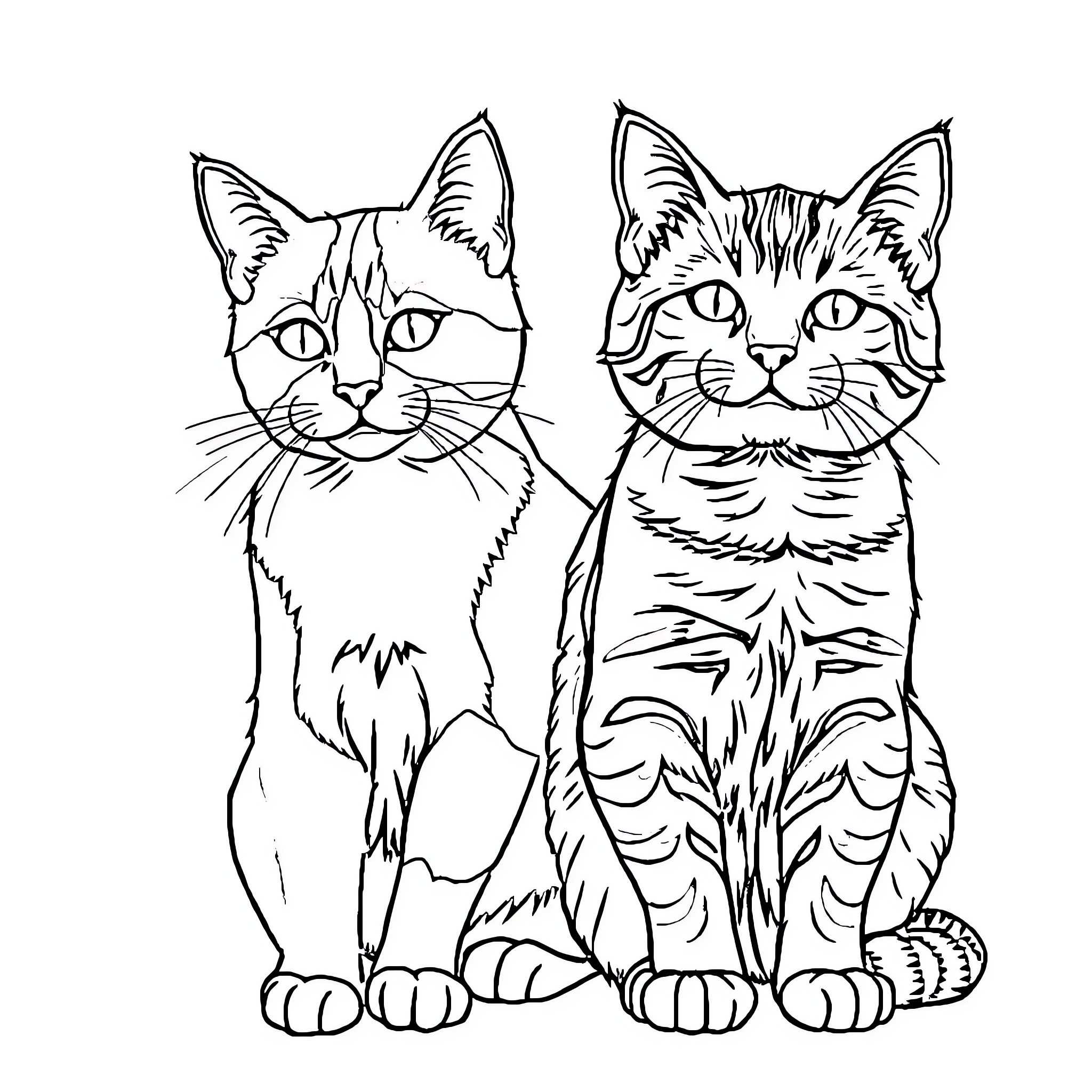 Cats Sitting Together in Outline Coloring Page (free black-and-white line drawing printable PDF for all, from beginners to advanced learners, including children, teens, adults, and seniors)