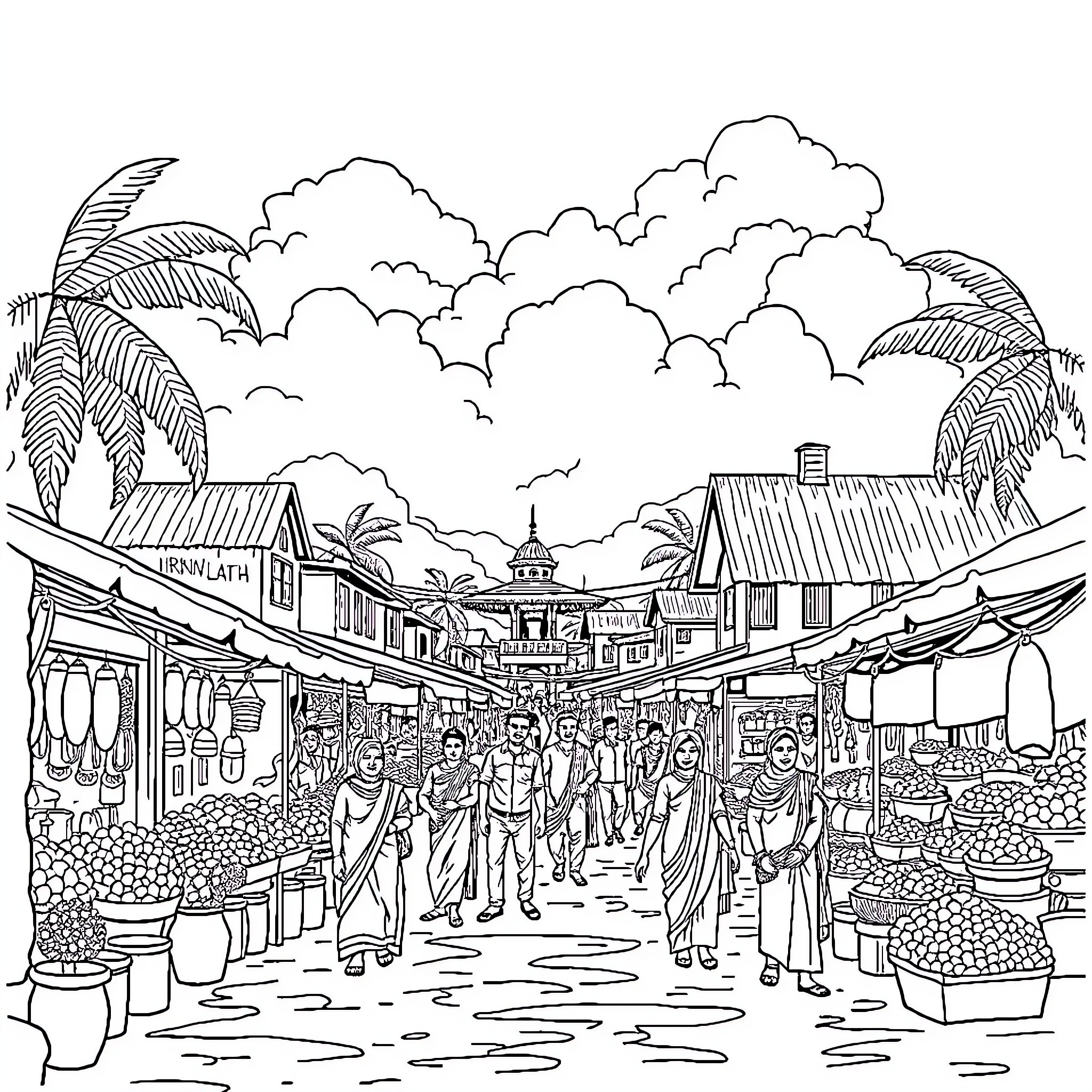 Irinjalakuda street market scene with bustling crowd Coloring Page (free black-and-white line drawing printable PDF for all, from beginners to advanced learners, including children, teens, adults, and seniors)